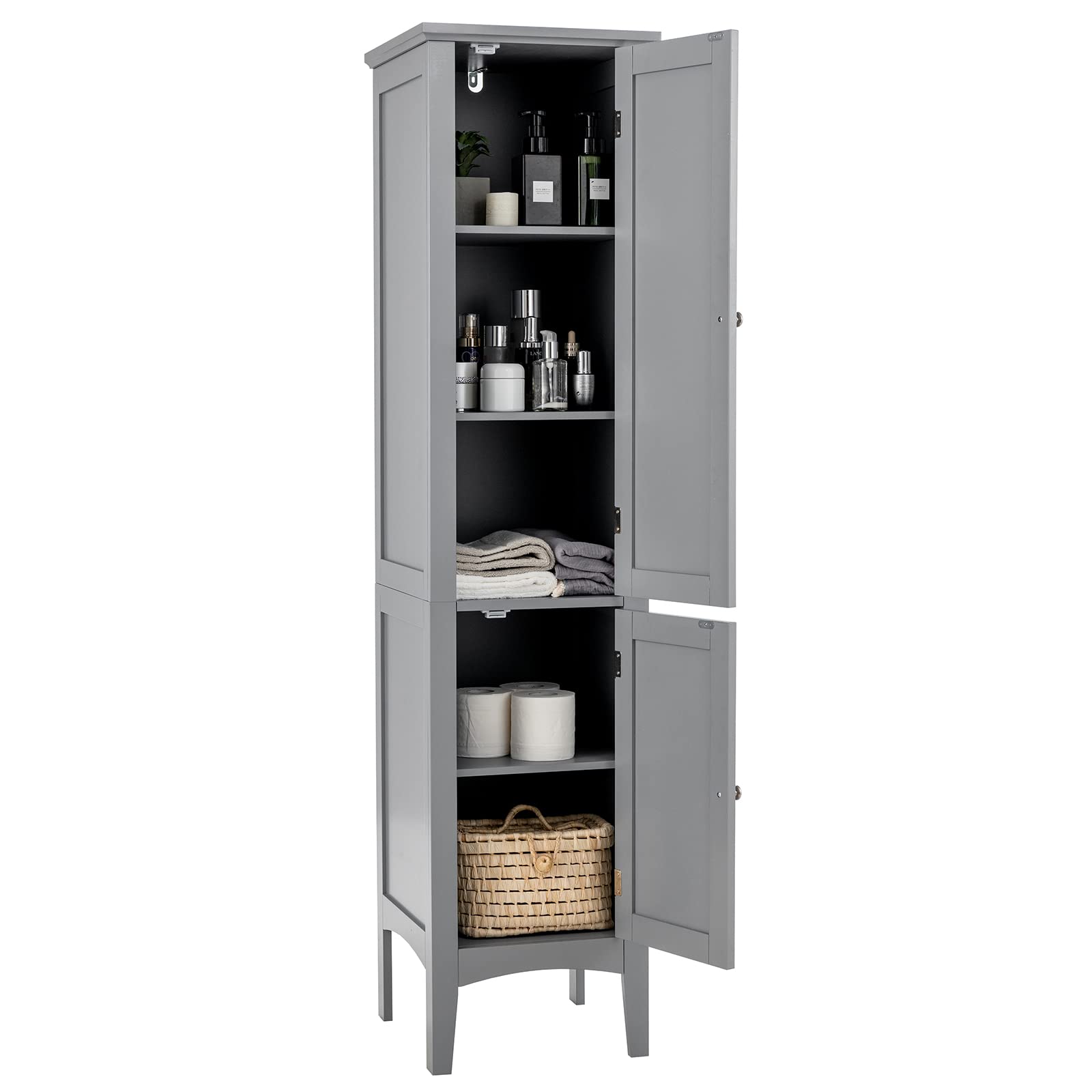 Tangkula 5-Tier Tall Bathroom Storage Cabinet - Freestanding Wooden Organizer with 2 Doors & Shelves for Bathroom, Living Room, Kitchen - Space Saving Narrow Floor Cabinet (Grey) | Perfect for Small Spaces, Apartment Storage & Home Organization