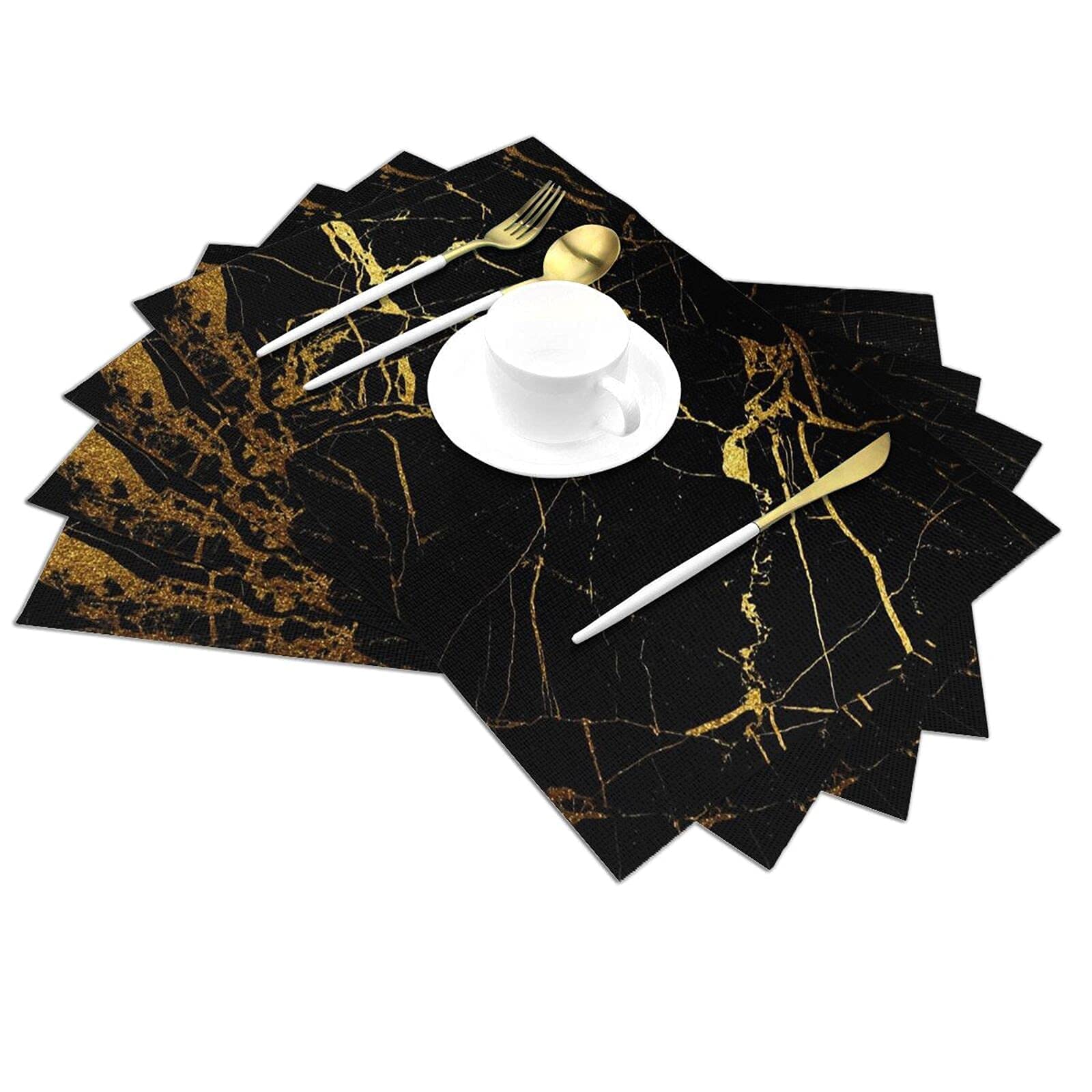 Premium Black Gold Marble Placemats Set of 4 - Heatproof Non-Slip Vinyl Place Mats for Dining & Kitchen Tables - Washable Woven Table Mats for Everyday Use, Dinner Parties & Holiday Decor