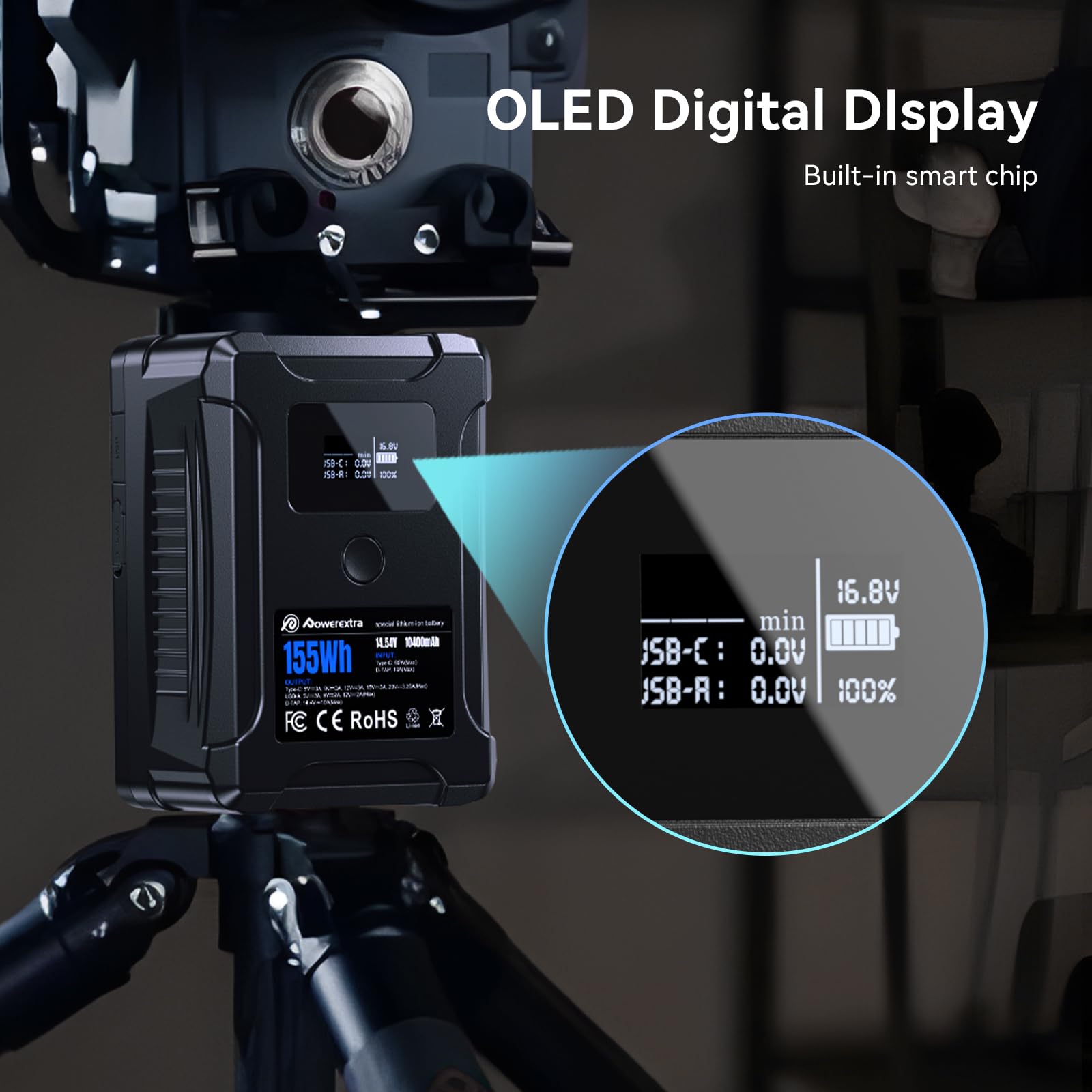 Powerextra 155Wh V Mount Battery with 65W USB-C Fast Charging | D-TAP, USB-A & Dual DC Ports | OLED Display | Compatible with Cameras, Camcorders, Video Lights & Monitors | Perfect for Professional Videography & Live Streaming
