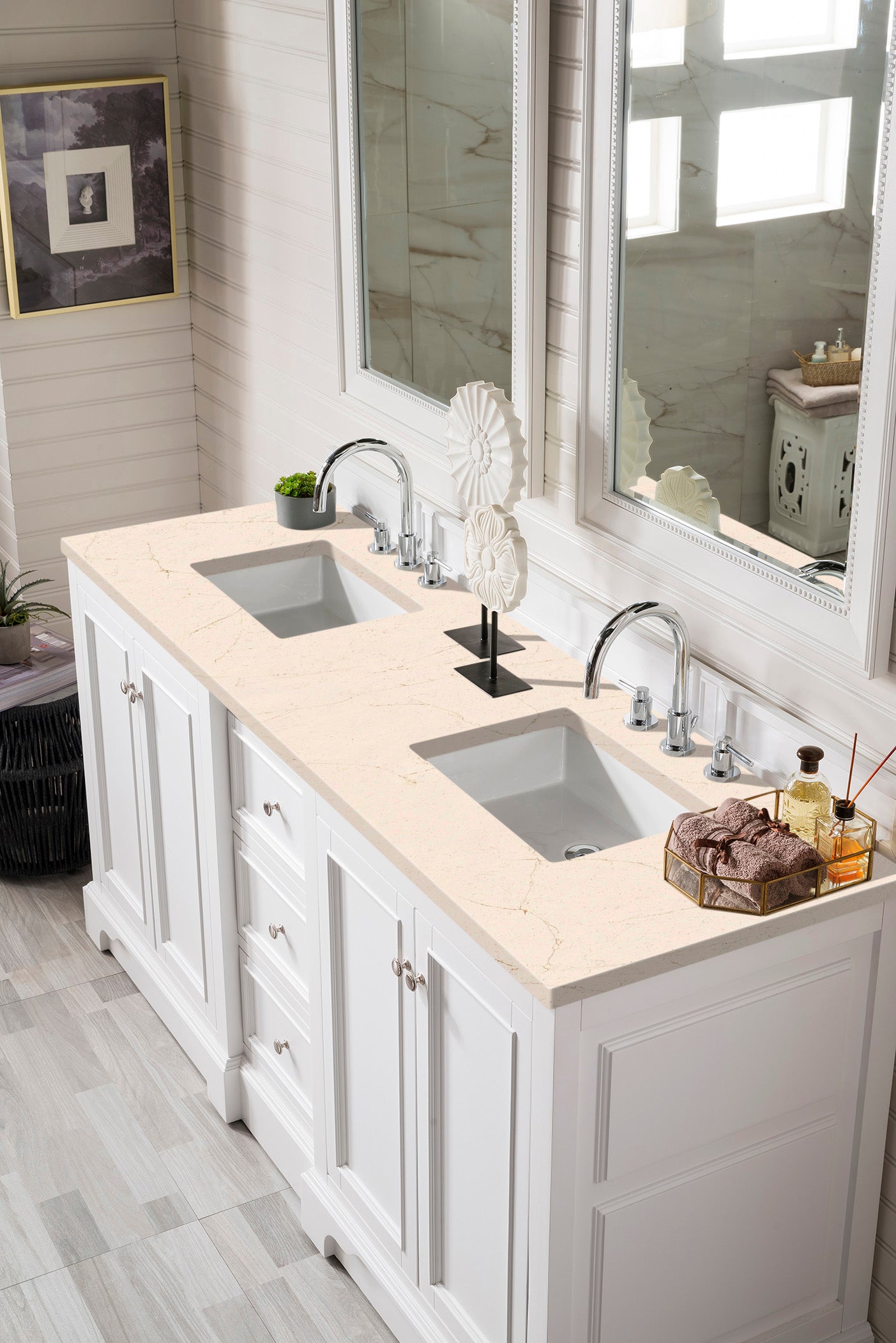 De Soto 72 Inch Double Vanity with 3CM Eternal Marfil Quartz Top in Bright White - Perfect for Modern Bathroom Renovation & Luxury Home Upgrade