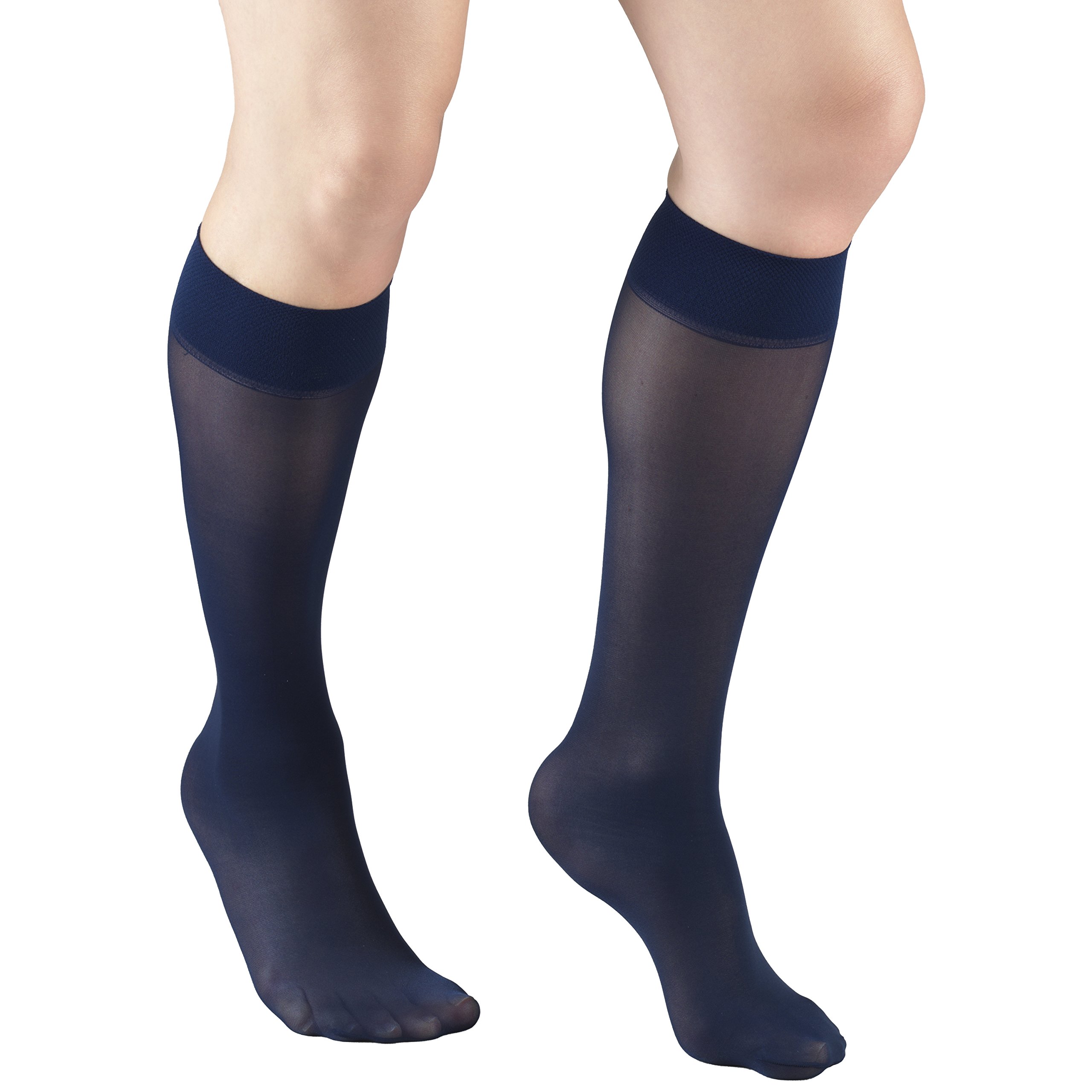 Truform Sheer Compression Stockings 8-15 mmHg for Women - Knee High Support Socks, 20 Denier Nylon, Navy Blue, Large Size - Perfect for Travel, Work & Varicose Vein Relief