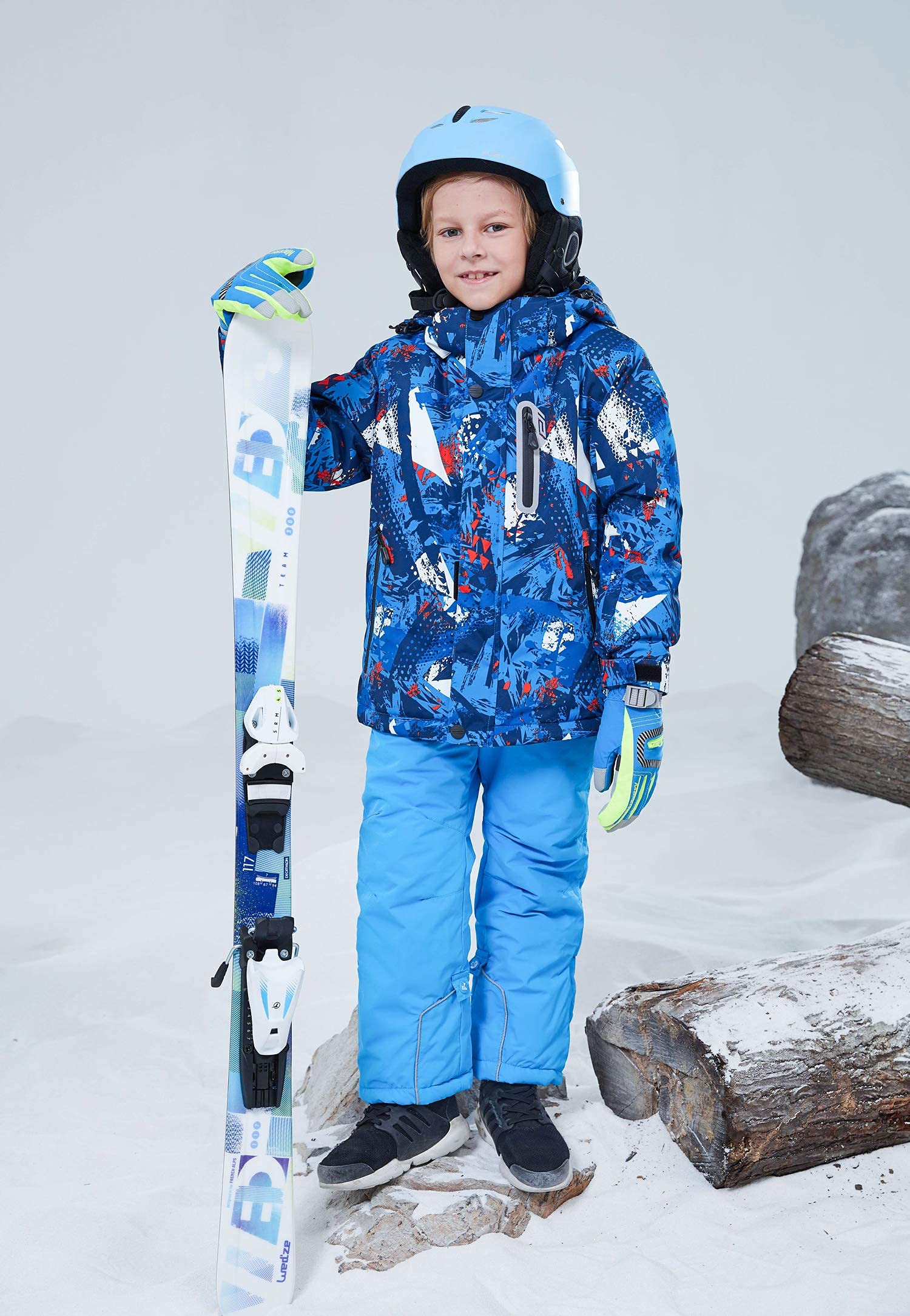 WOWULOVELY Boys' 2-Piece Colorblock Snow Pants & Jacket Set - Waterproof Winter Snowsuit for Skiing, Snowboarding & Outdoor Play - Ages 6-12