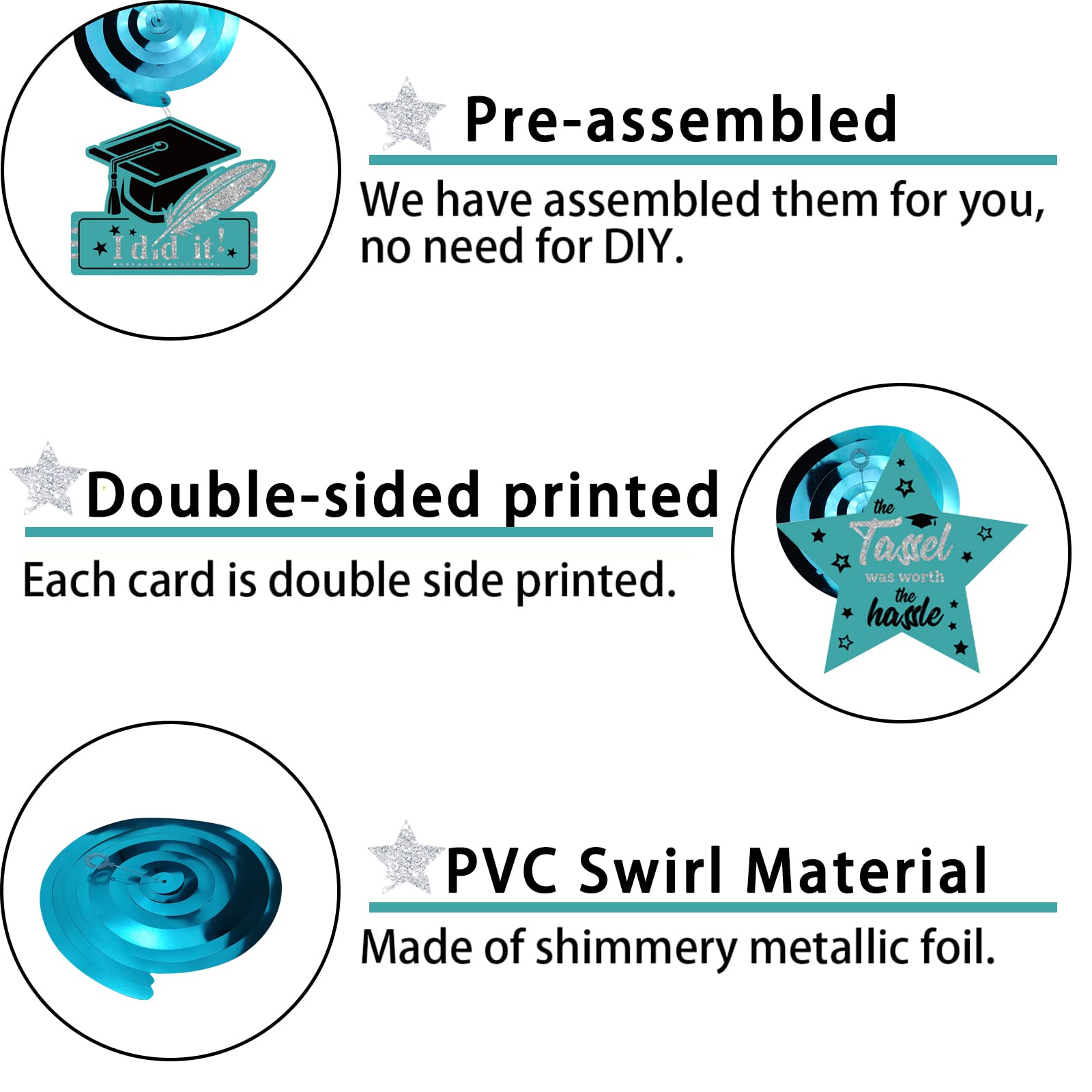 2025 Teal & Silver Graduation Party Decorations Set - 15pcs Hanging Swirls for Class of 2025 | Turquoise, Black & Silver Graduation Decor | Perfect for Graduation Ceremonies, Parties & Photo Backdrops