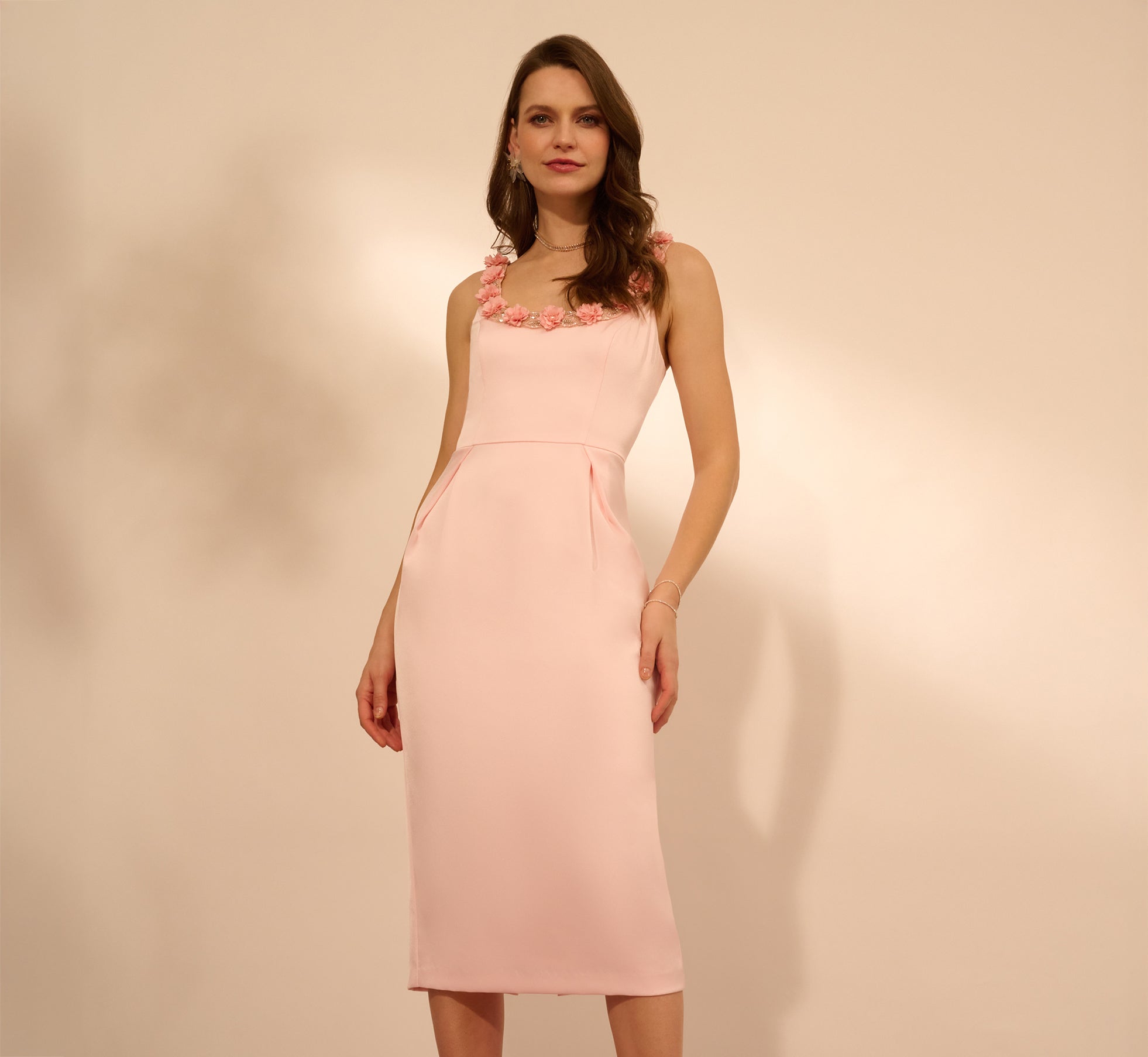 Elegant Sleeveless Satin Rosette Midi Sheath Dress in Pink Peach - Perfect for Weddings, Cocktail Parties & Summer Events