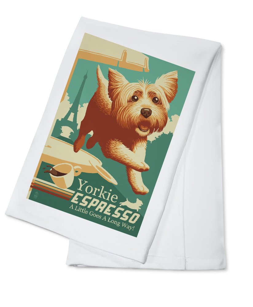 Retro Yorkshire Terrier Yorkie Espresso Print 100% Cotton Tea Towel - Decorative Hand Towel for Kitchen, Bathroom & Home Decor - Perfect for Coffee Lovers & Dog Owners