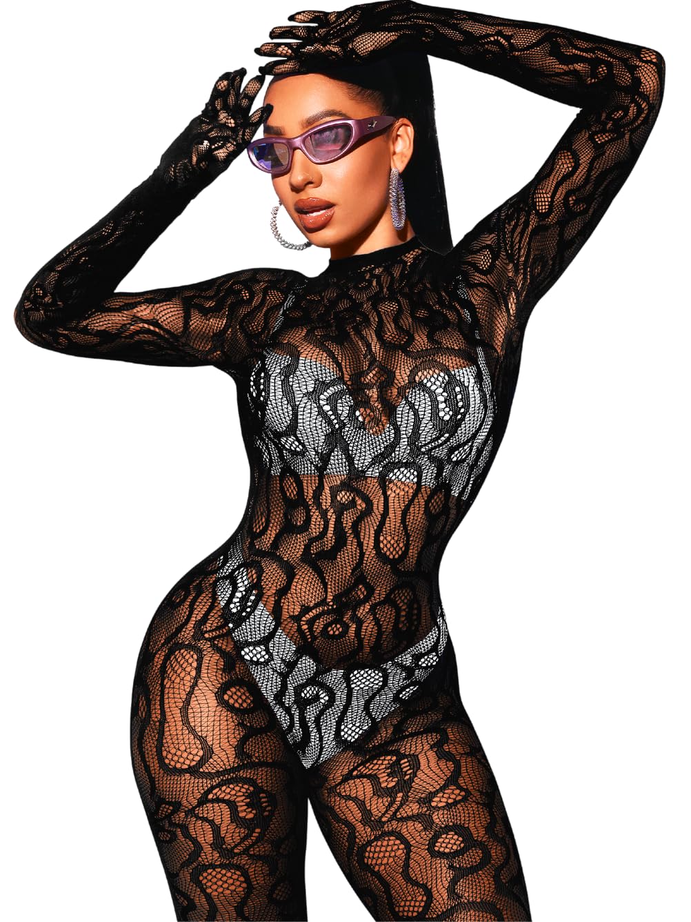 Sexy Women's Fishnet Full Bodysuit - Mesh Lace Jumpsuit for Glow Party, Rave Outfits & Halloween Costume | Body Stockings for Nightclub, Cosplay & Festivals