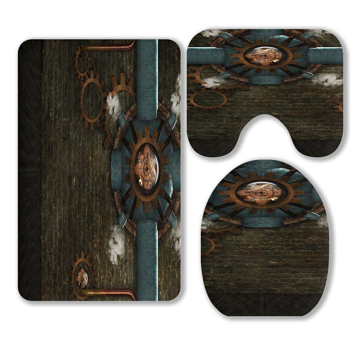 Steampunk Metal Gears & Pipes Decor - 3-Piece Bathroom Rug Set with Contour Mat & Toilet Lid Cover | Vintage Industrial Style for Bathroom, Steam Room & Gothic Home Decor