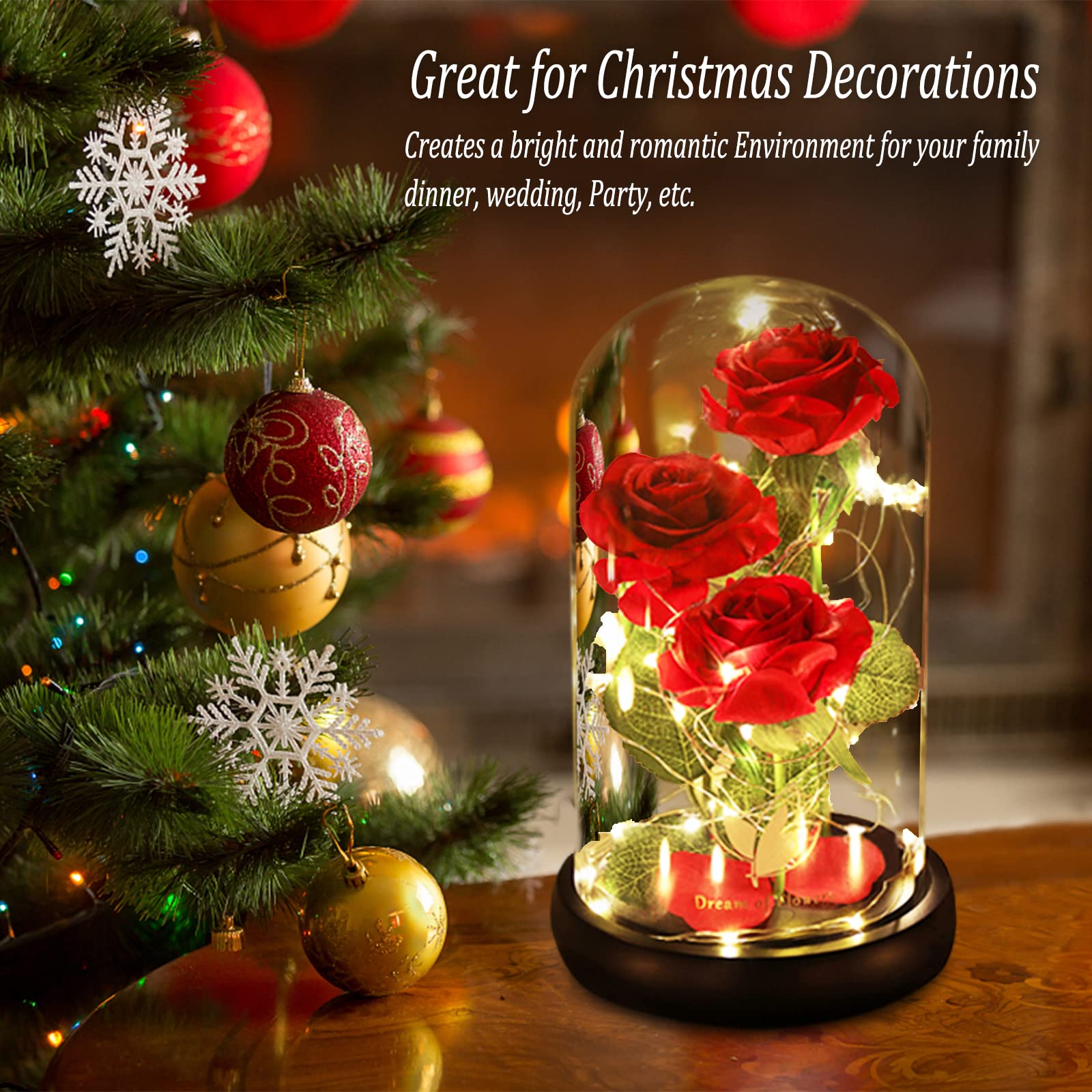 Beauty and The Beast Rose - Classic Red LED Rose with Falling Petals in Glass Dome, Romantic Birthday Gift for Women, Mom & Her | Perfect for Valentine's Day, Anniversaries & Home Decor