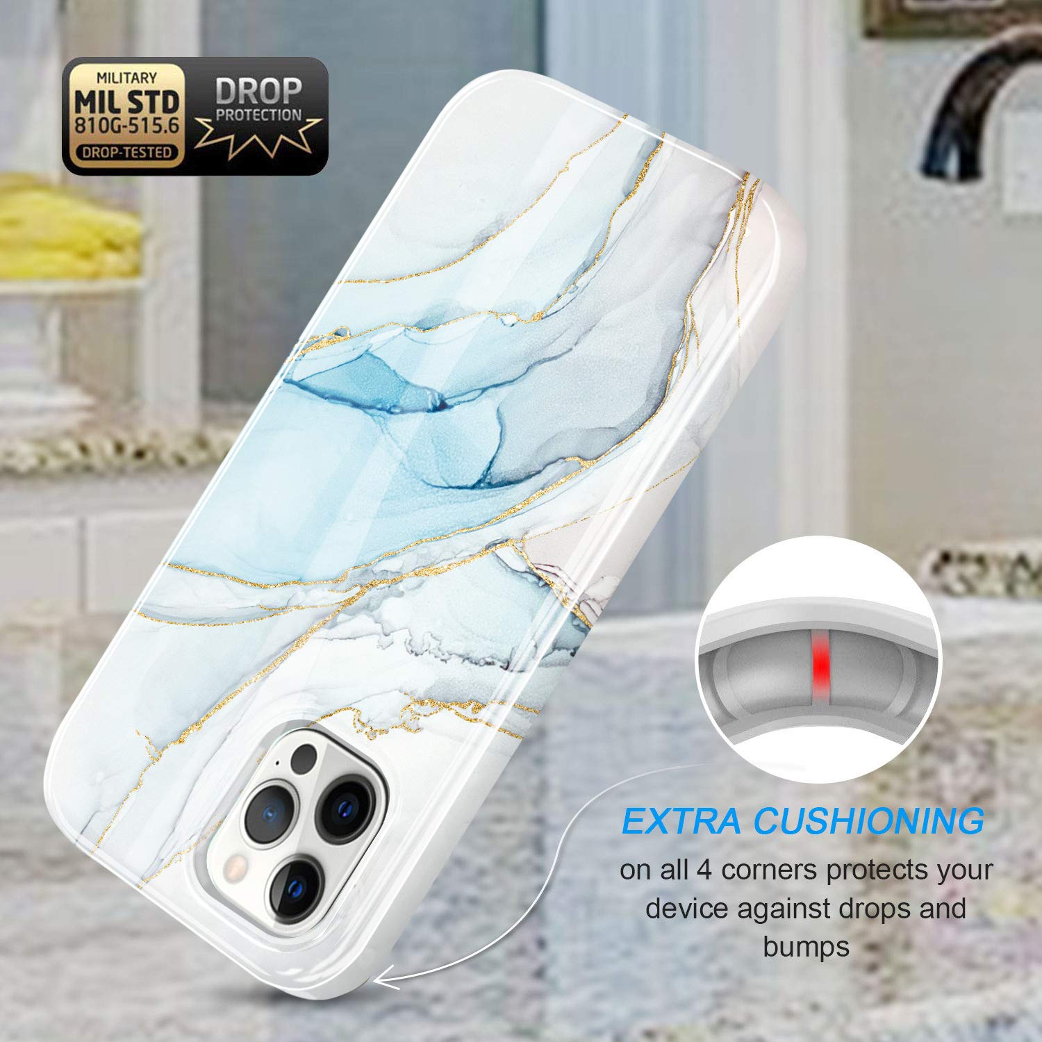 Luolnh iPhone 12 Pro Max Case - Gold Glitter Sparkle Marble Design, Shockproof Soft Silicone TPU Bumper Cover for Women (White & Blue) | Perfect for Everyday Protection & Fashion Accessory