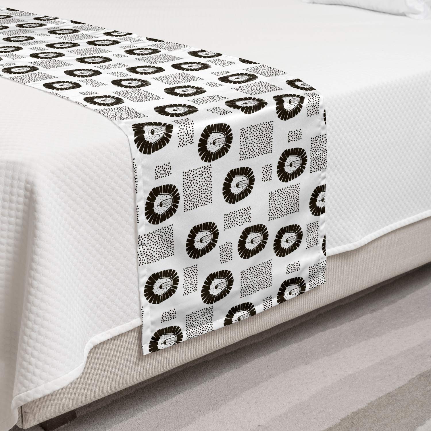 Ambesonne Black and White Lion Pattern Bed Runner - Hand Drawn Monochrome Dotted Rectangle Design - Decorative Bed Scarf for Hotels, Homes & Guest Rooms - Perfect for Accent Bedding, Sofa Throws or Wedding Decor