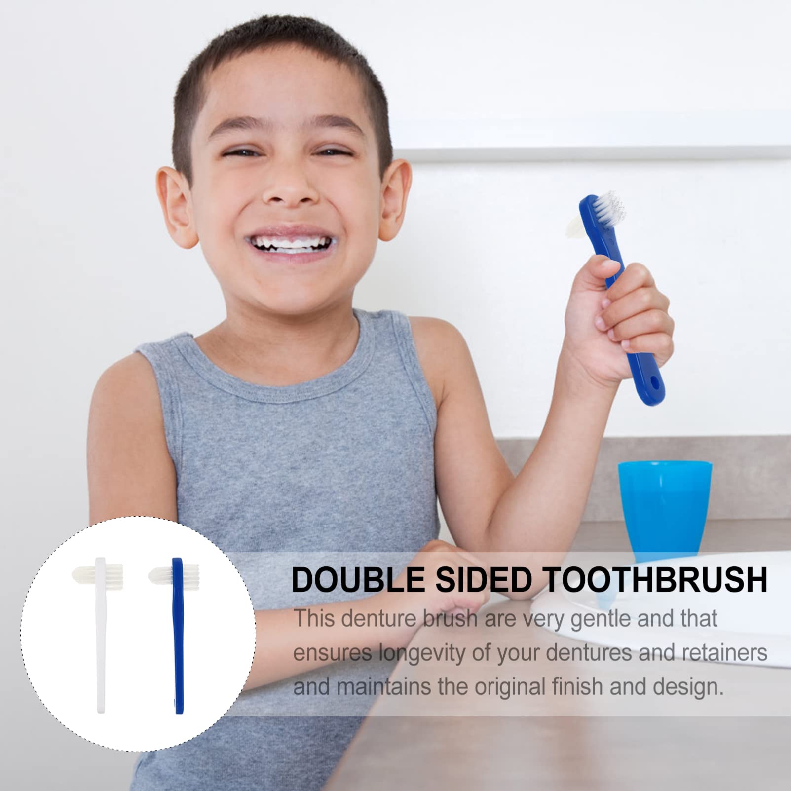 Dual Head Toothbrush Cleaner - 2 Pack Hard Bristle Toothbrush for Deep Cleaning, False Teeth & Dentures (White & Blue) - Perfect for Travel, Home & Dental Care