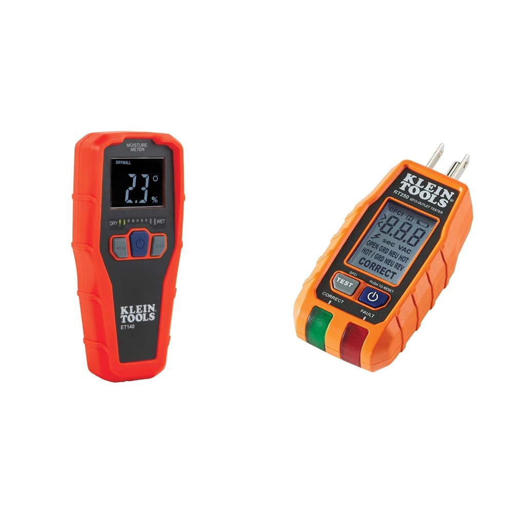 Klein Tools ET140 Digital Pinless Moisture Meter & RT250 GFCI Outlet Tester Kit - Professional Wood Moisture Detection and Electrical Safety Testing for Home Inspections, Construction Sites, and DIY Projects