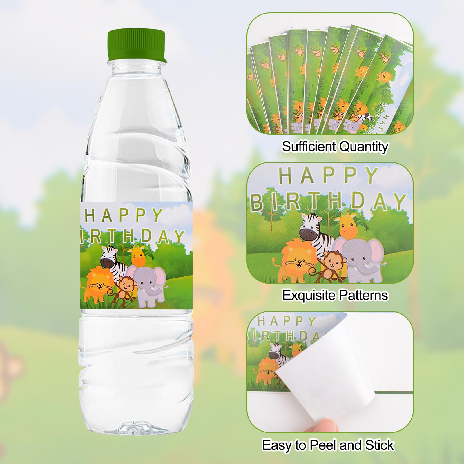 48 Pcs Jungle Animal Water Bottle Labels - Waterproof Birthday Party Decorations for Kids, Baby Shower Favors, Boy & Girl Party Supplies - Perfect for Birthday Parties, Baby Showers, School Events & Classroom Activities