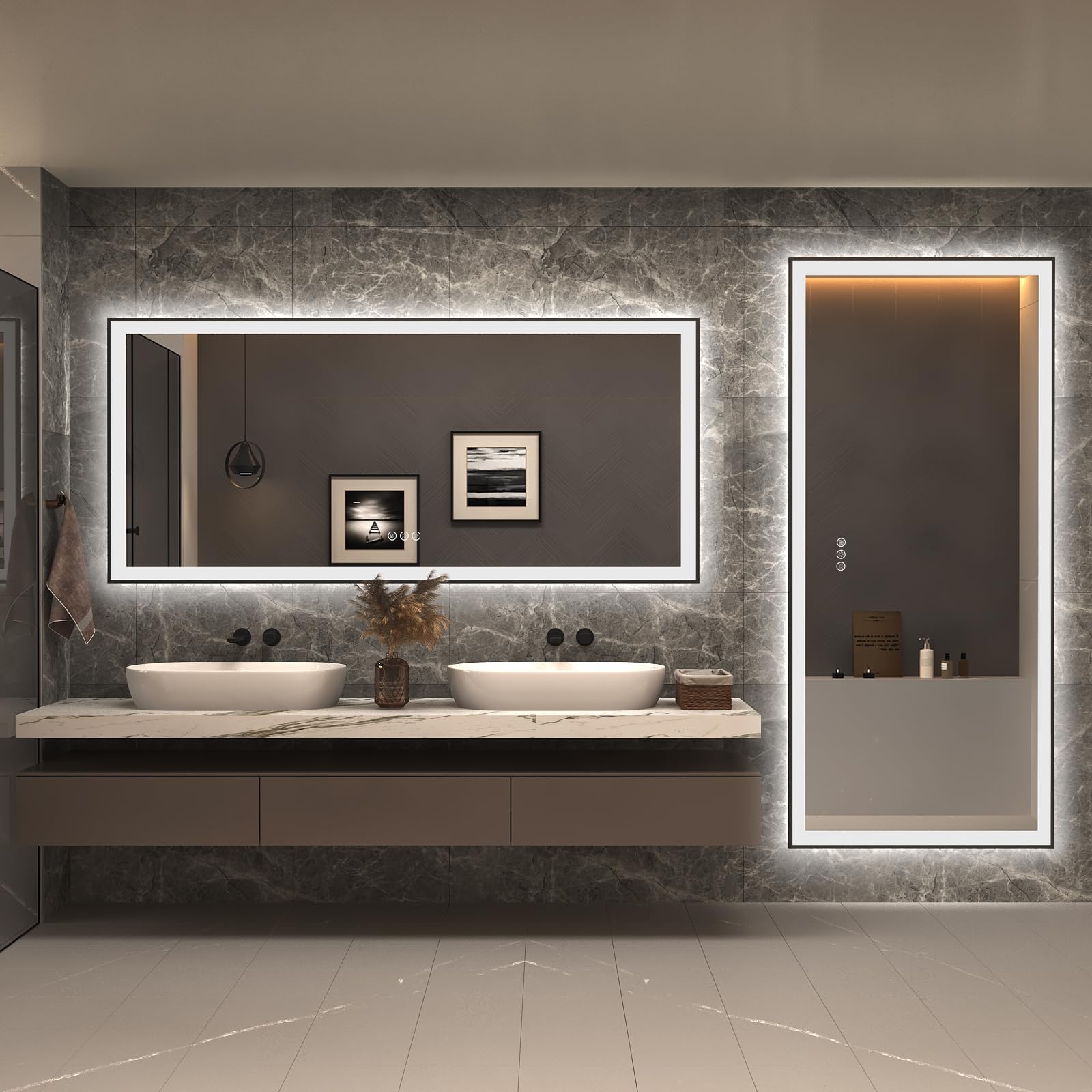 72x32 Inch LED Bathroom Mirror with Dimmable Backlit & Front Lights - Large Framed Anti-Fog Vanity Mirror for Makeup, Shaving & Home Decor