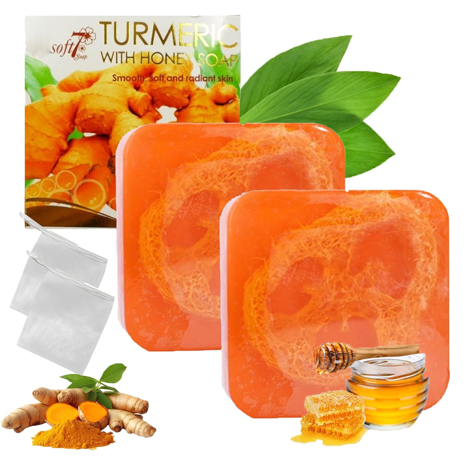 Soft7 Turmeric & Honey Soap Bar - Natural Unscented Skin Brightening Soap with Turmeric Extract & Raw Honey - Gentle Cleansing for Face & Body - Perfect for Daily Skincare Routine & Natural Glow Enhancement (Pack of 2)