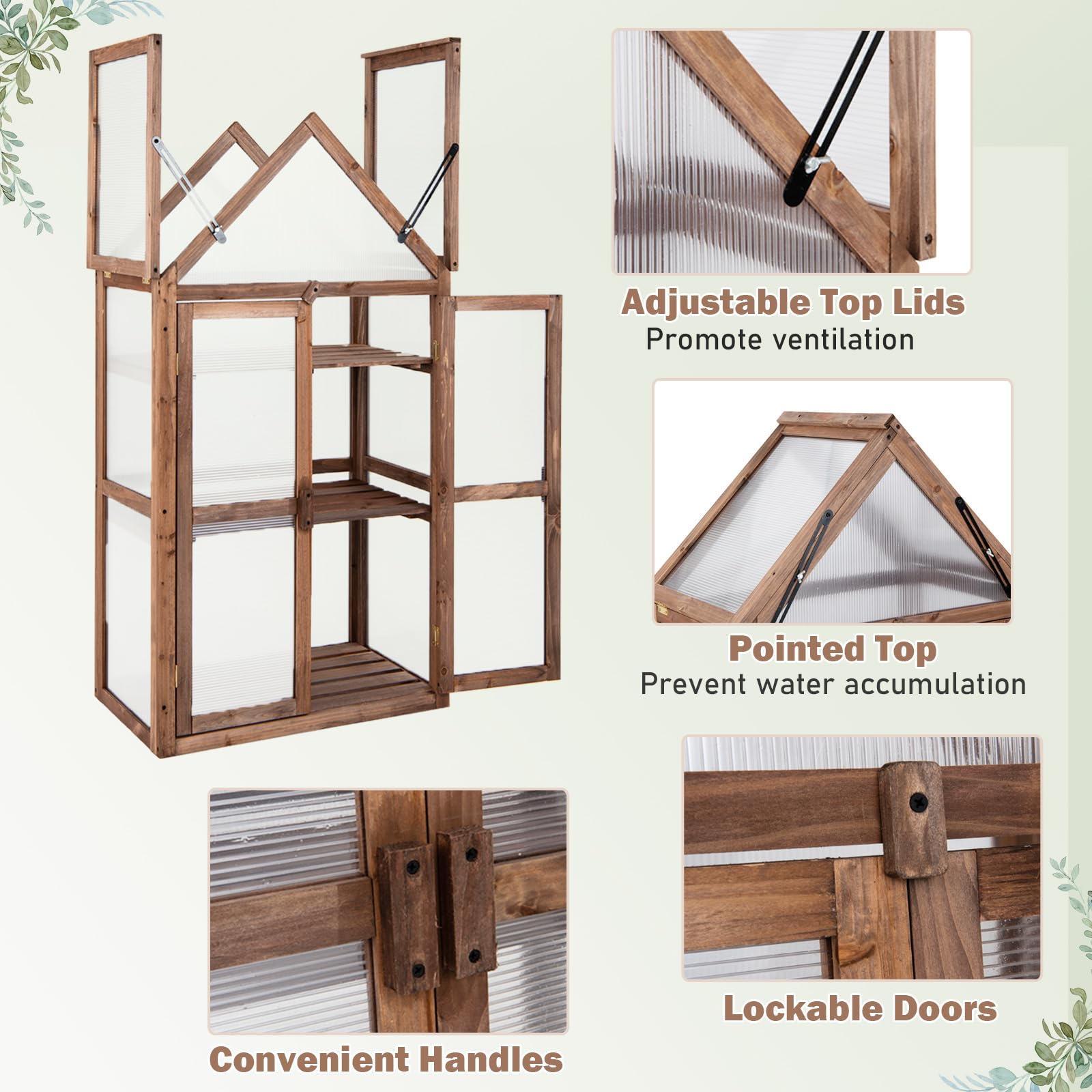 Happygrill Cold Frame - Mini Wooden Greenhouse with Transparent Openable Roof, Raised Flower Planter Shelf & 3 Adjustable Shelves, Polycarbonate Panels - Indoor/Outdoor Small Wood Greenhouse Cabinet for Gardening, Seed Starting & Plant Protection