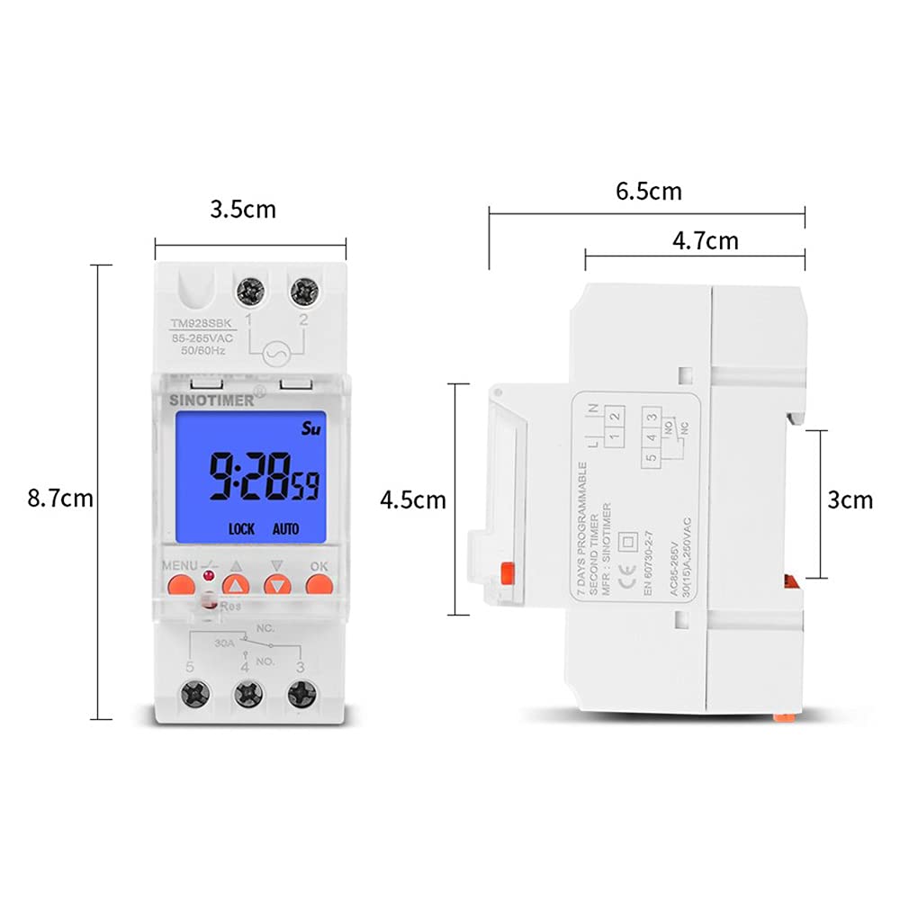 TM928SAKL Rail Timer with Backlight - Large Screen Display, 85-265V 16A, 1 Second Min Interval, 7-Day Programmable DIN Rail Timer for Home Automation & Industrial Control