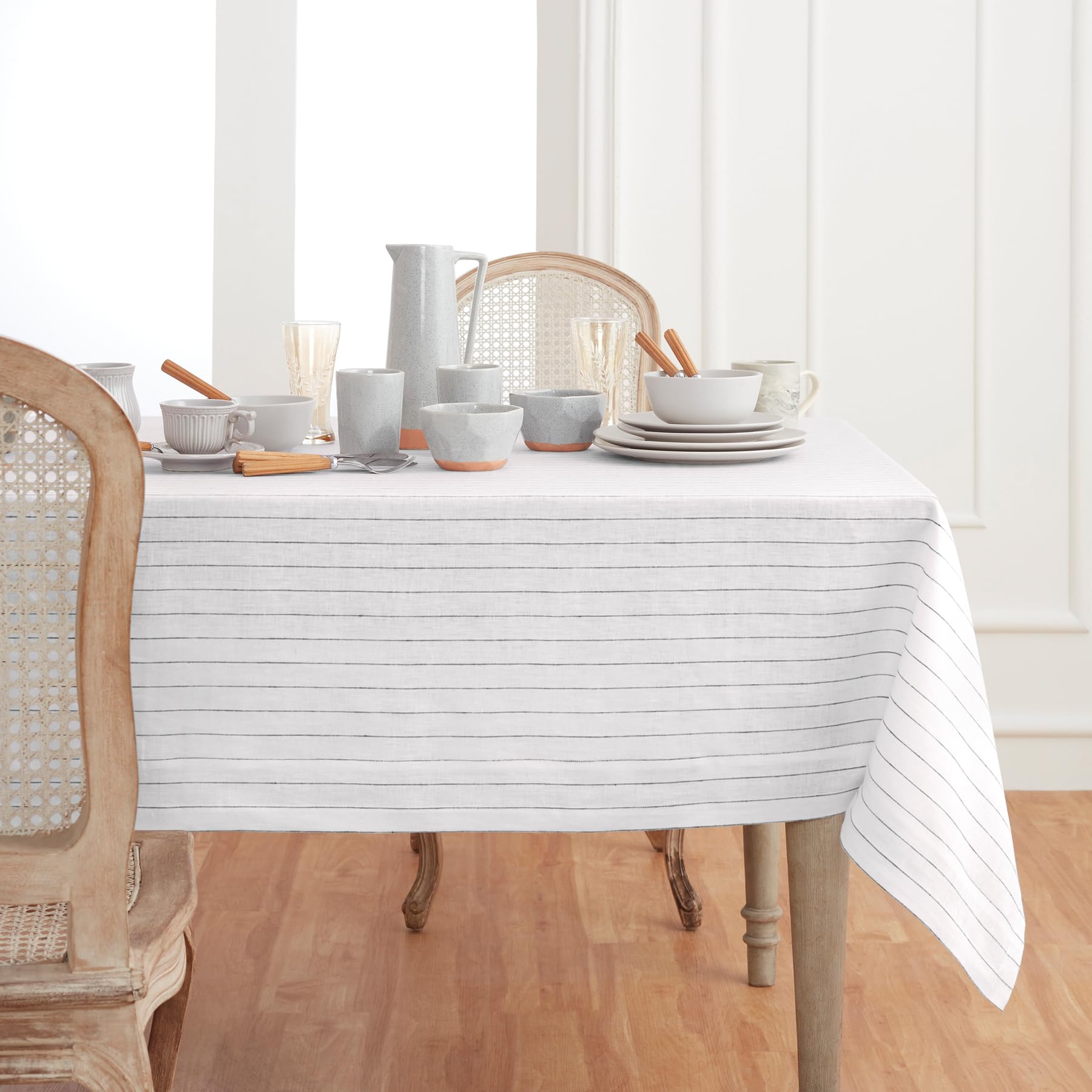 Premium 100% Pure Linen Tablecloth 60x120 Inches - White & Black Pinstripe Design - Handcrafted Washable Dining Table Cover for Spring, Easter, Weddings & Formal Events