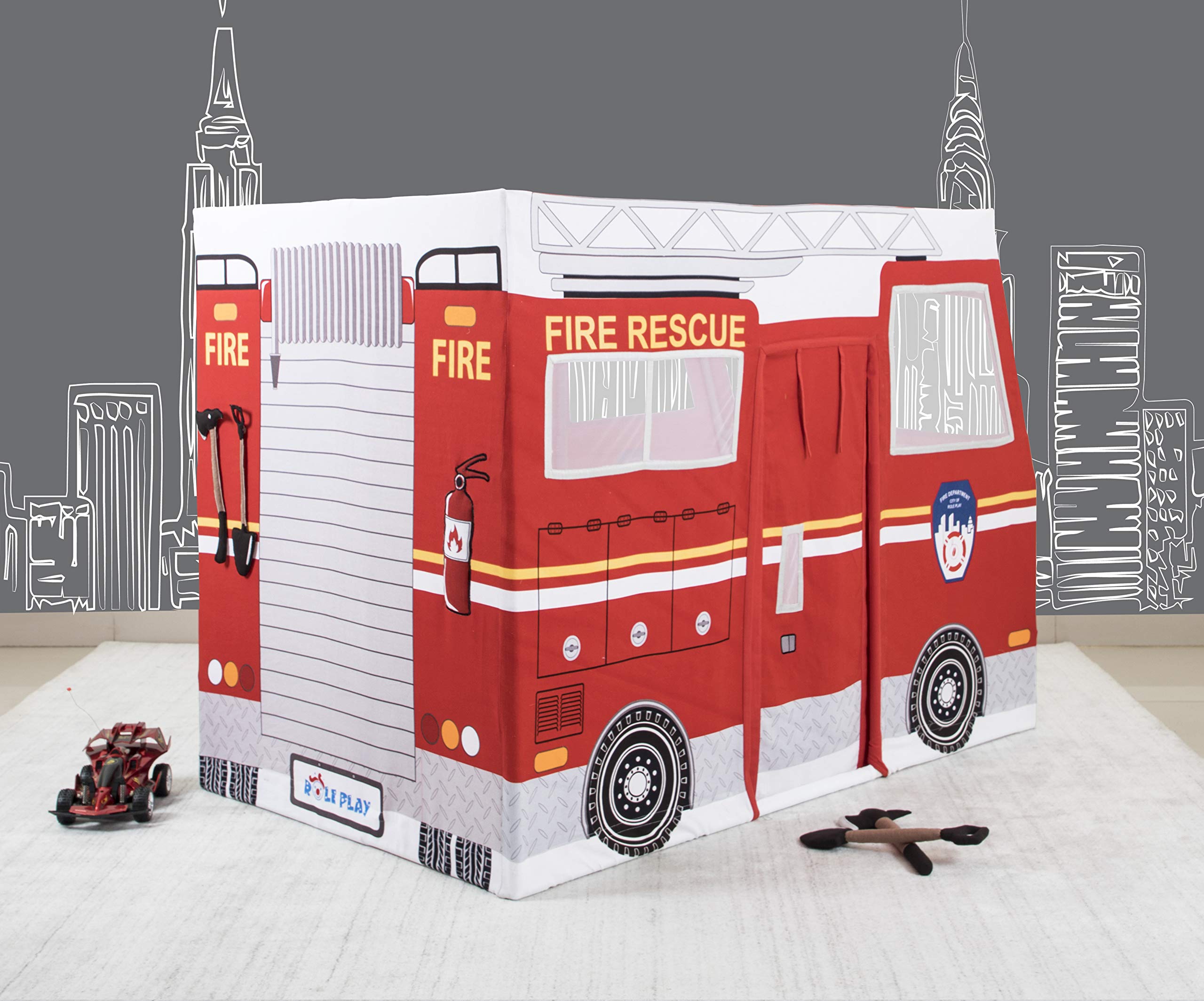 Premium Kids' Fire Truck Play Tent - Indoor & Outdoor Role Play House for Pretend Play | 100% Cotton Canvas Durable Playhouse with Free Plush Toys | Encourages Imagination & Creativity for Ages 3+ | Perfect for Backyard Adventures & Birthday Parties