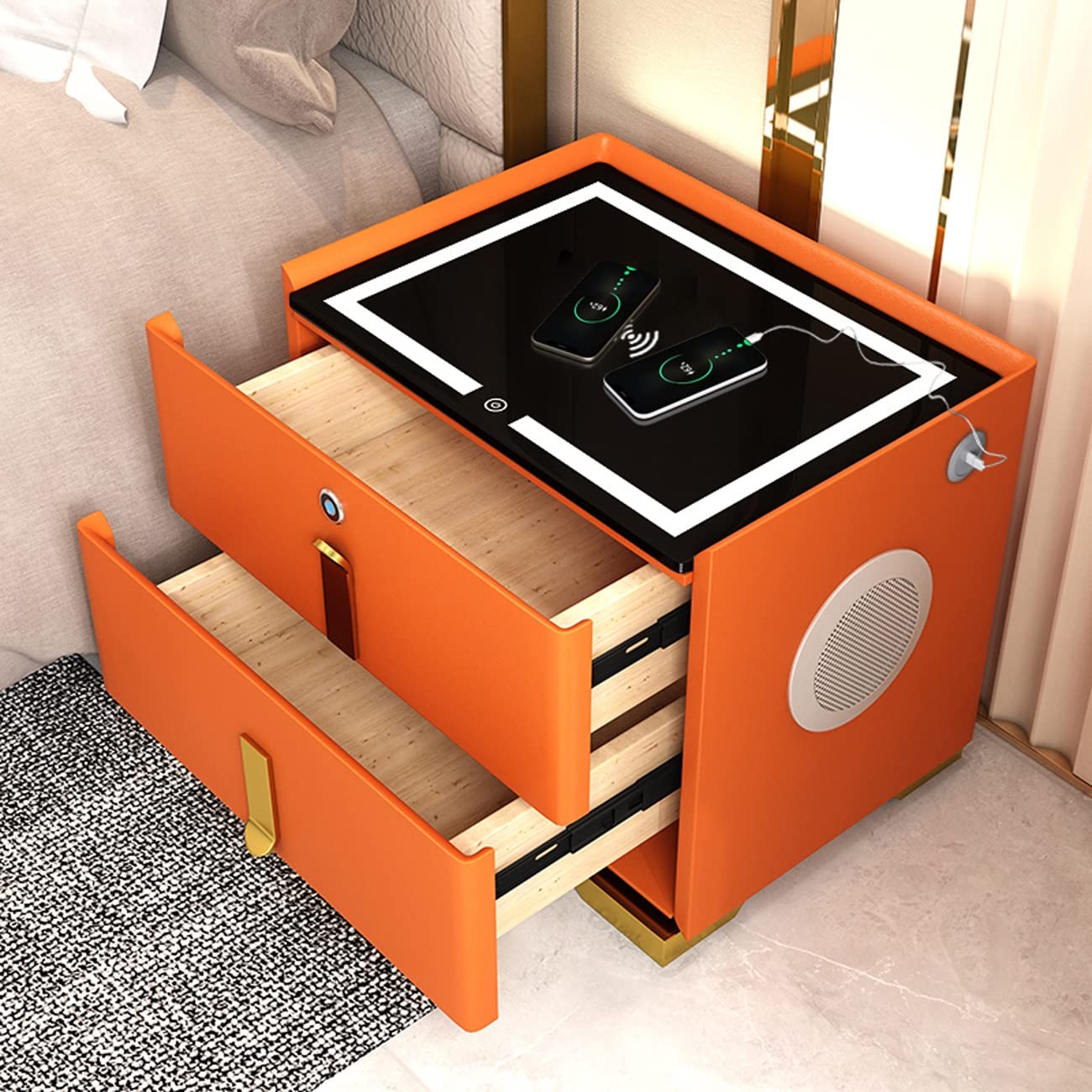 AVLUZ Smart Nightstand with Wireless Charging & Fingerprint Unlock - Modern High Gloss Bedside Table, Multifunctional Nightstand for Bedroom (Orange) - Perfect for Small Spaces, Apartment Living & Contemporary Home Decor