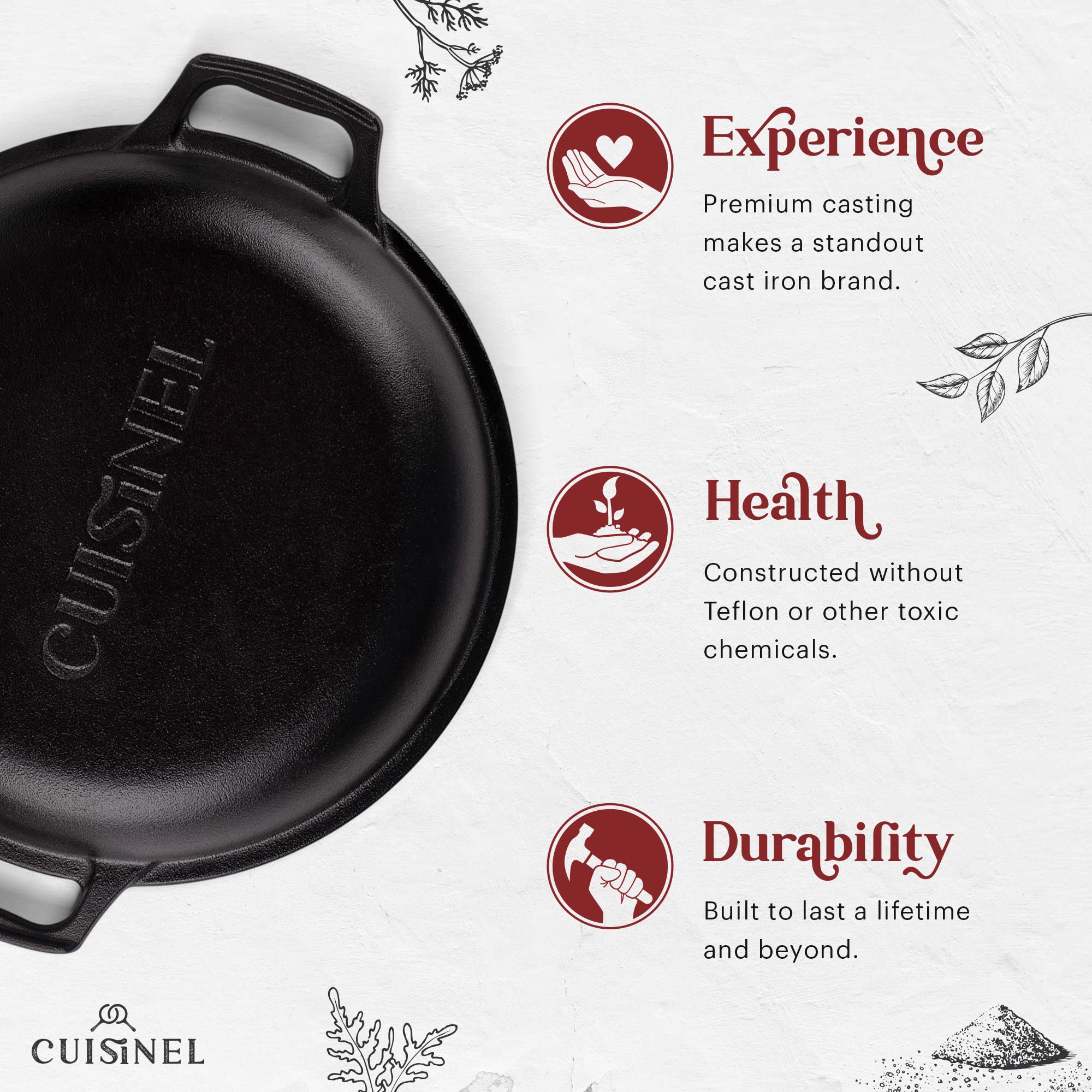 Cuisinel 7-Quart Cast Iron Dutch Oven with Combo Lid - Pre-Seasoned 2-in-1 Deep Pot & 12