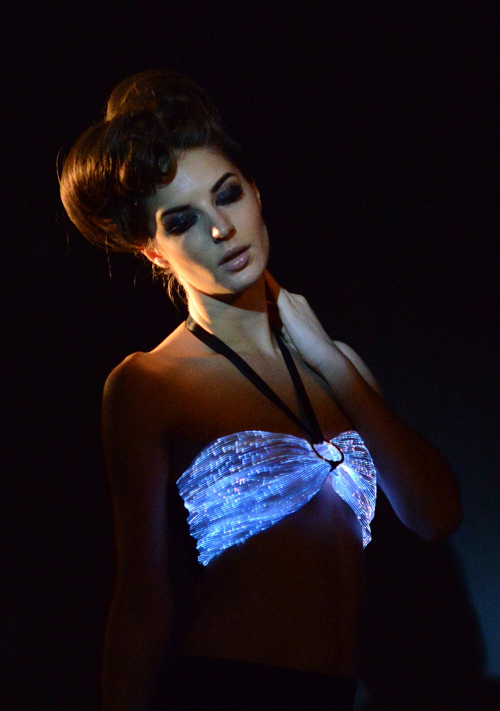 LED Light Up Backless Bra - Wireless Fiber Optic Dance Costume Top with Glow in Dark & Mobile App Control (XL, White) for Rave, EDM Festivals & Nightclub Performances