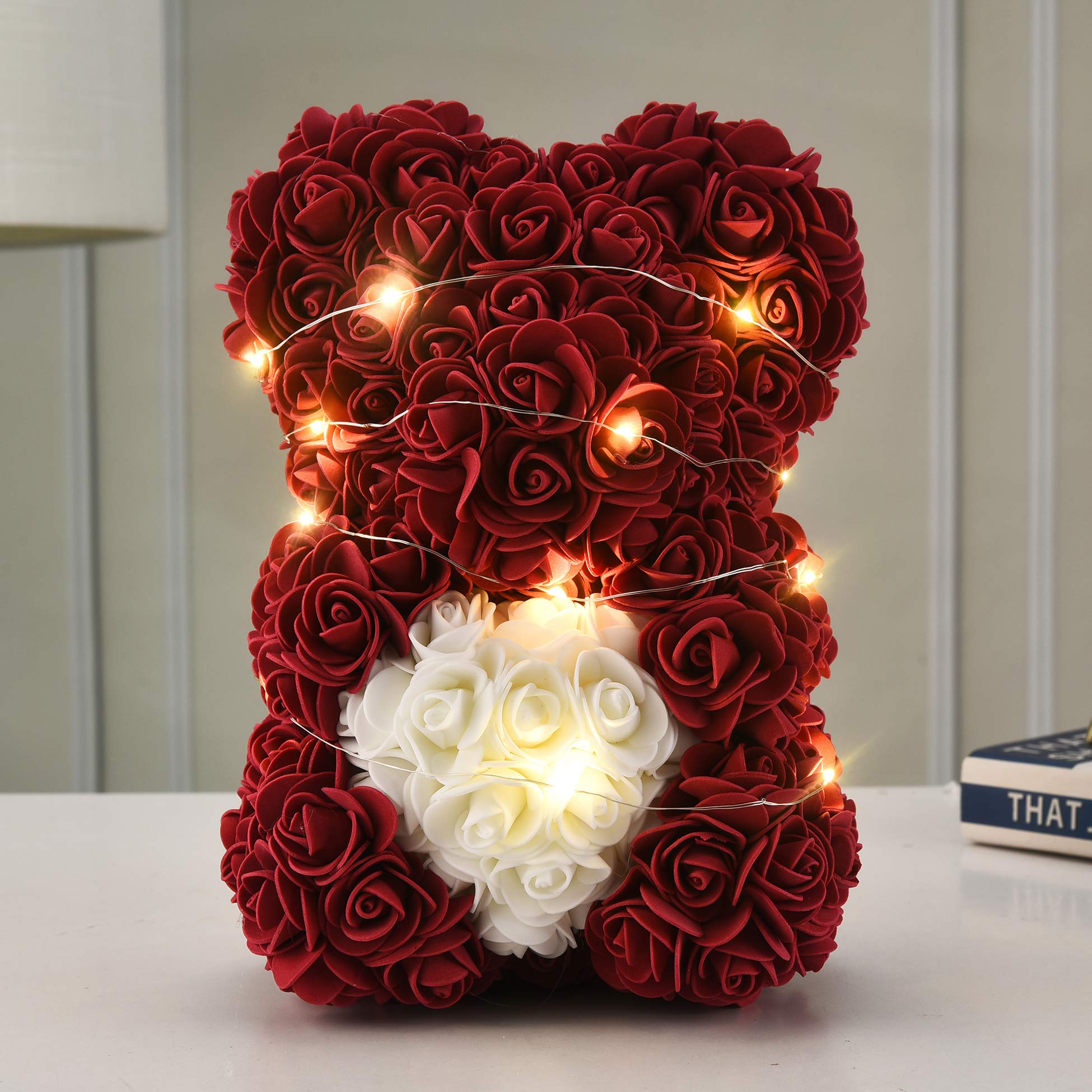 Handmade Rose Teddy Bear - Artificial Rose Flower Bear Gift for Mom, Girls, Birthday, Party | Unique Home Decor, Wedding, Valentine's Day Present in Elegant Clear Gift Box (White)