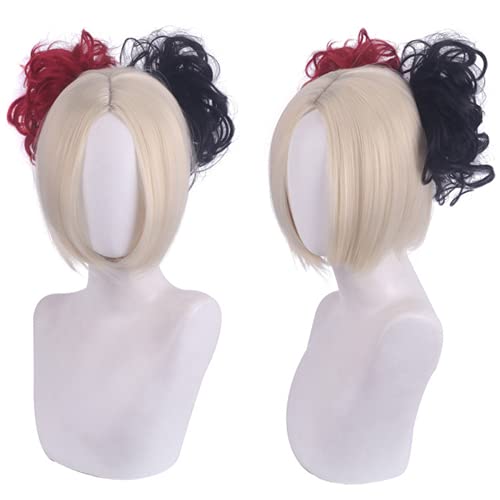 Blonde Wig with Red and Black Braided Buns - Halloween Clown Cosplay Hair Accessory for Women | Perfect for Costume Parties, Cosplay Events & Theatrical Performances
