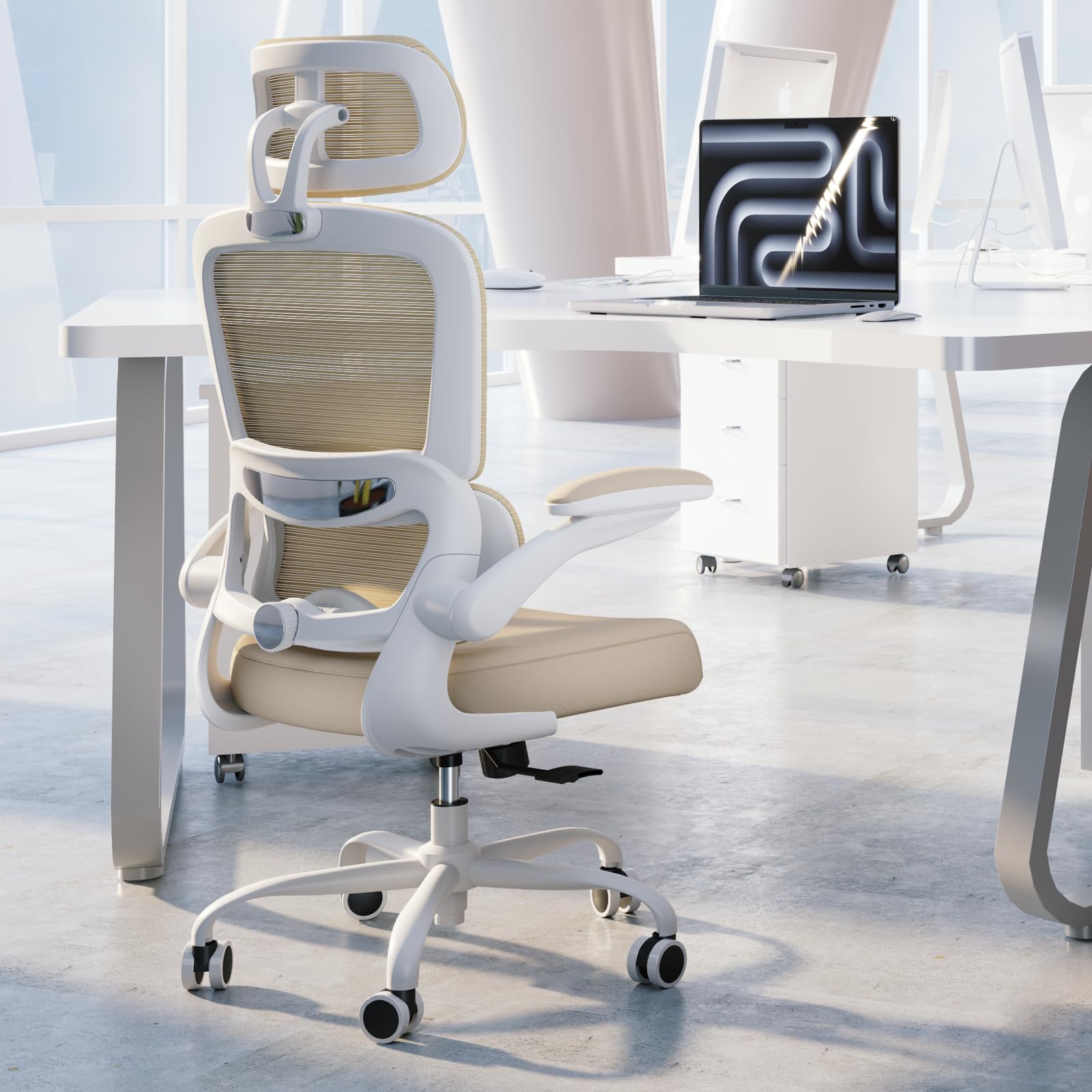 Ergonomic Office Chair with Wheels - 330 LBS Capacity Mesh Computer Desk Chair for Home & Gaming, High Back Support for Long Hours Sitting (Beige) - Perfect for Home Office, Gaming Setup & Workspaces