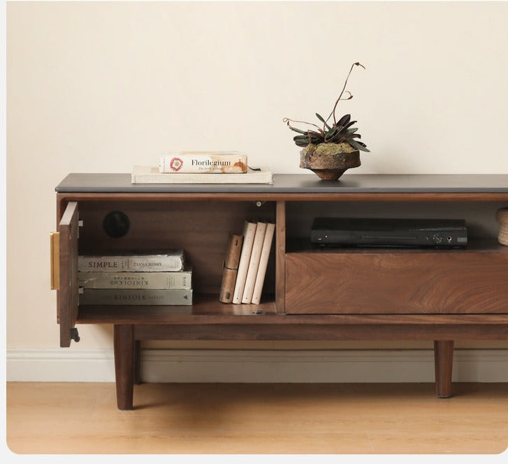 Premium Black Walnut Solid Wood TV Stand Cabinet with Storage - Modern Entertainment Center for Living Room, Home Theater & Media Organization