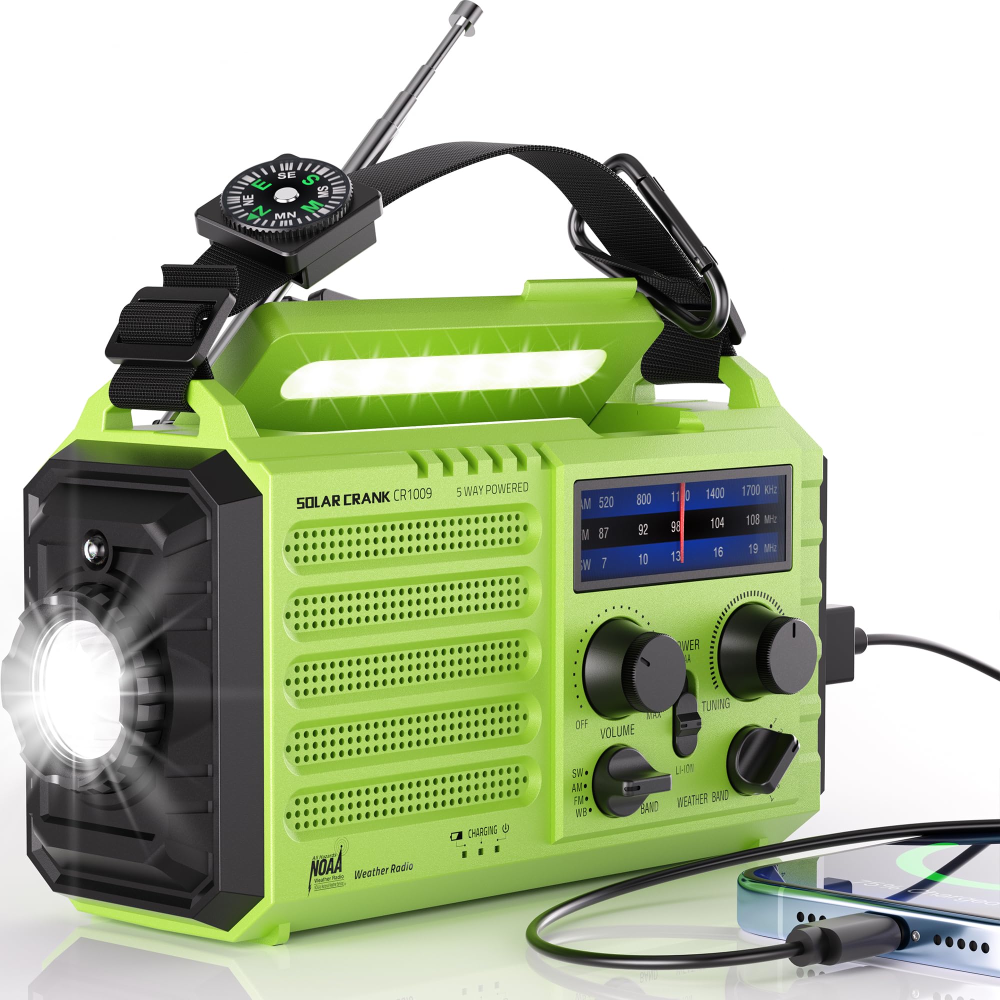Solar Powered Emergency Radio with 5000mAh Battery - AM/FM/SW/NOAA Weather Alert, Hand Crank Charging, SOS Alarm, Flashlight & Reading Lamp - Portable Survival Radio for Power Outages, Camping, Hiking, and Outdoor Adventures