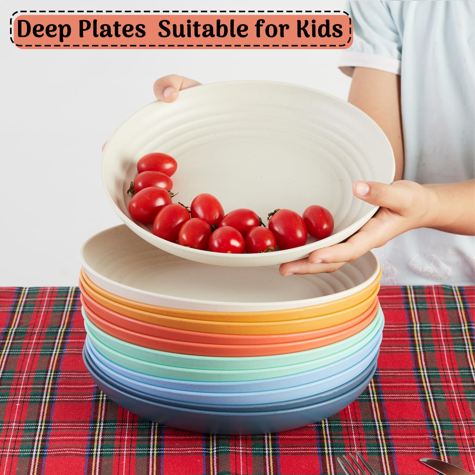 Eco-Friendly Wheat Straw Dinner Plates Set of 12/8 - Unbreakable, Microwave & Dishwasher Safe Plastic Plates - Lightweight Reusable Plates for Kitchen, Camping, Picnics & Daily Use (Dopamine Design, 9 Inch)
