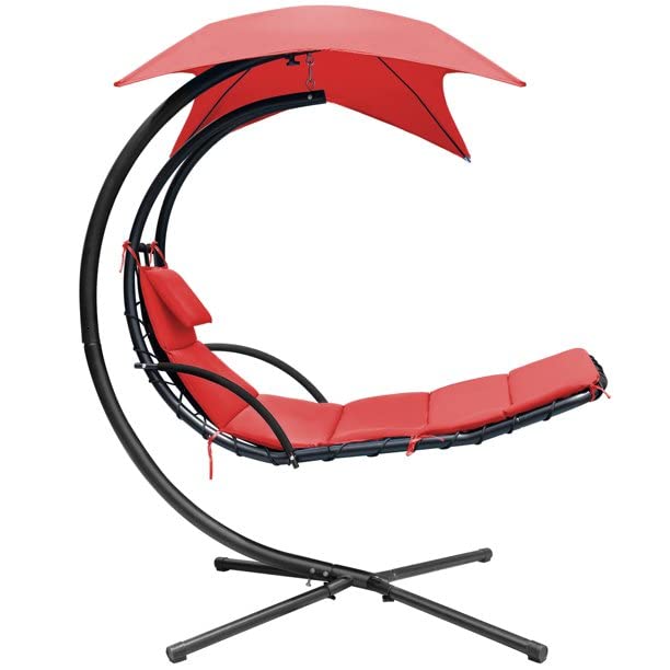 Outdoor Hanging Curved Chaise Lounge Chair - Patio Swinging Hammock with Pillow, Canopy & Stand - Perfect for Backyard, Garden, Poolside Relaxation (Red)