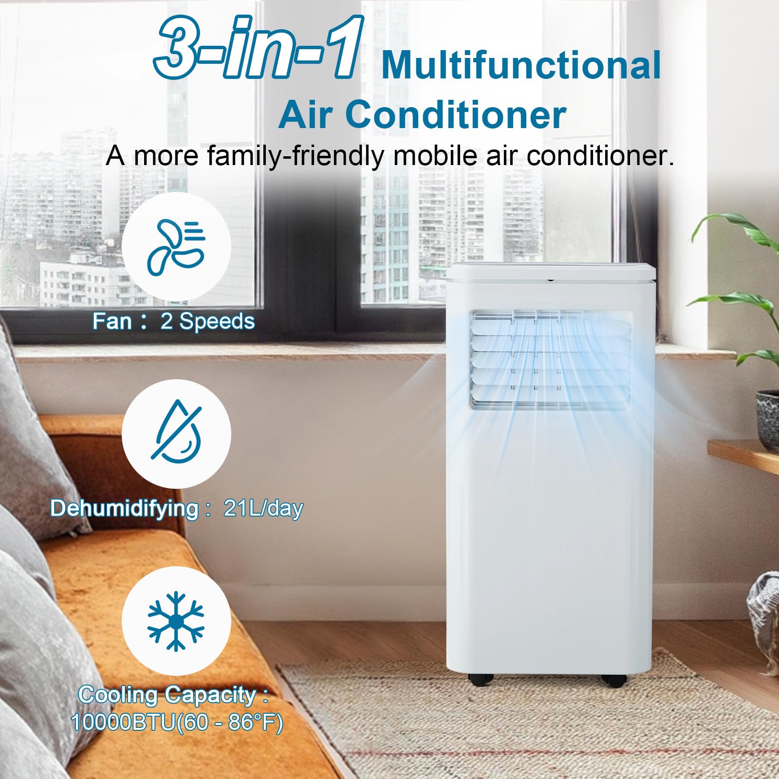 GARVEE 10000 BTU Portable Air Conditioner - 3-in-1 Cooling, Dehumidifier & Fan with LCD Display & Remote Control - Cools Up to 450 sq.ft Fast - Perfect for Bedroom, Office, Living Room & Small Spaces