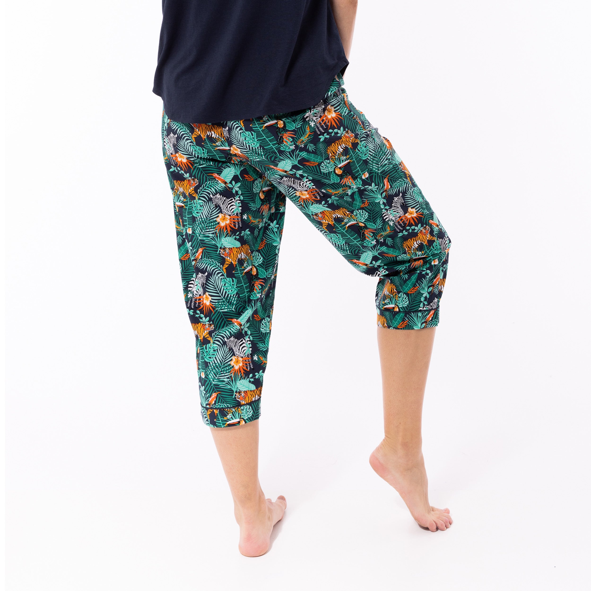 Women's Dark Jungle Print Woven Pants and Knit Tee Pajama Set - Navy Blue Sleepwear for Lounge & Comfortable Nightwear