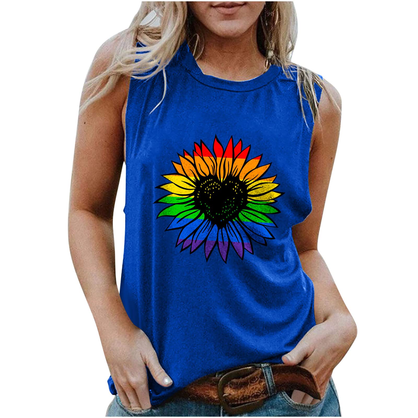 Women's Comfort Colors Tank Tops - Loose Fit Graphic Tees with Sunflower Print | Cute Sleeveless Cropped Vest for Summer | Casual Wear, Beach Outfits & Music Festivals