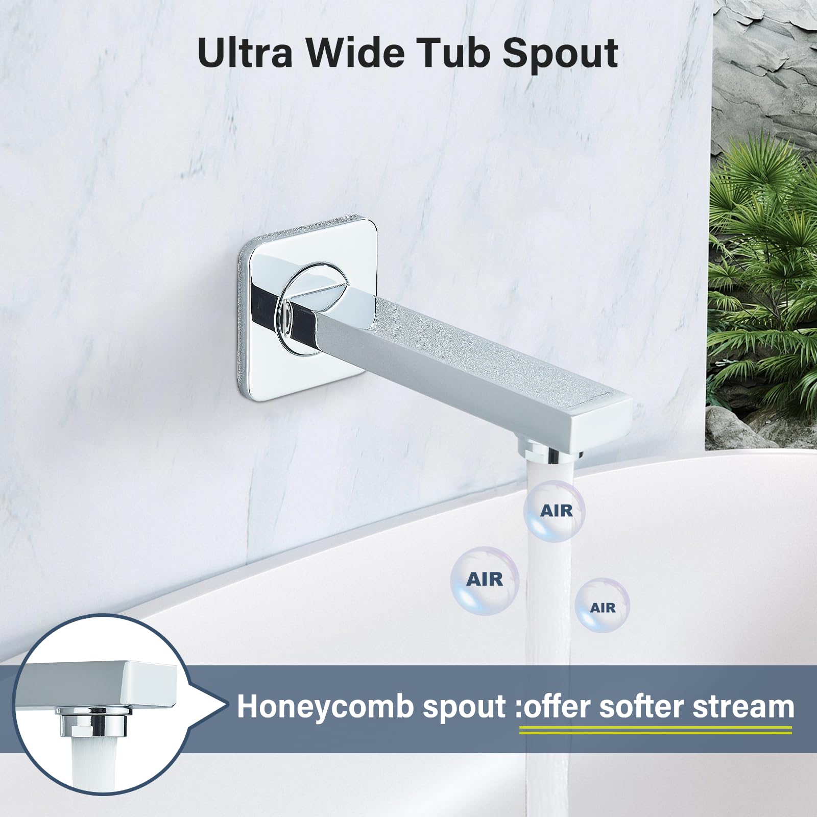 NeierThodore Polished Chrome Wall Mounted Rainfall Shower System - 12 Inch Shower Head, Tub Spout & Rough-in Valve - Luxury Bathroom Faucet Set for Spa-Like Shower Experience