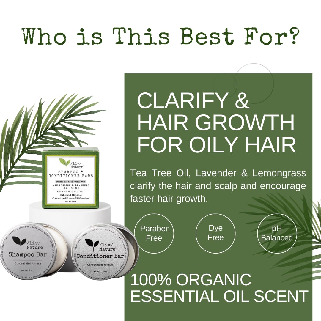 **Organic Shampoo Bar & Conditioner Set with Travel Tins - Lemongrass, Lavender & Tea Tree Oil for Oily Hair - Clarifying & Hair Growth Treatment - USA Made 2-Pack - Perfect for Travel, Gym & Eco-Friendly Lifestyle**