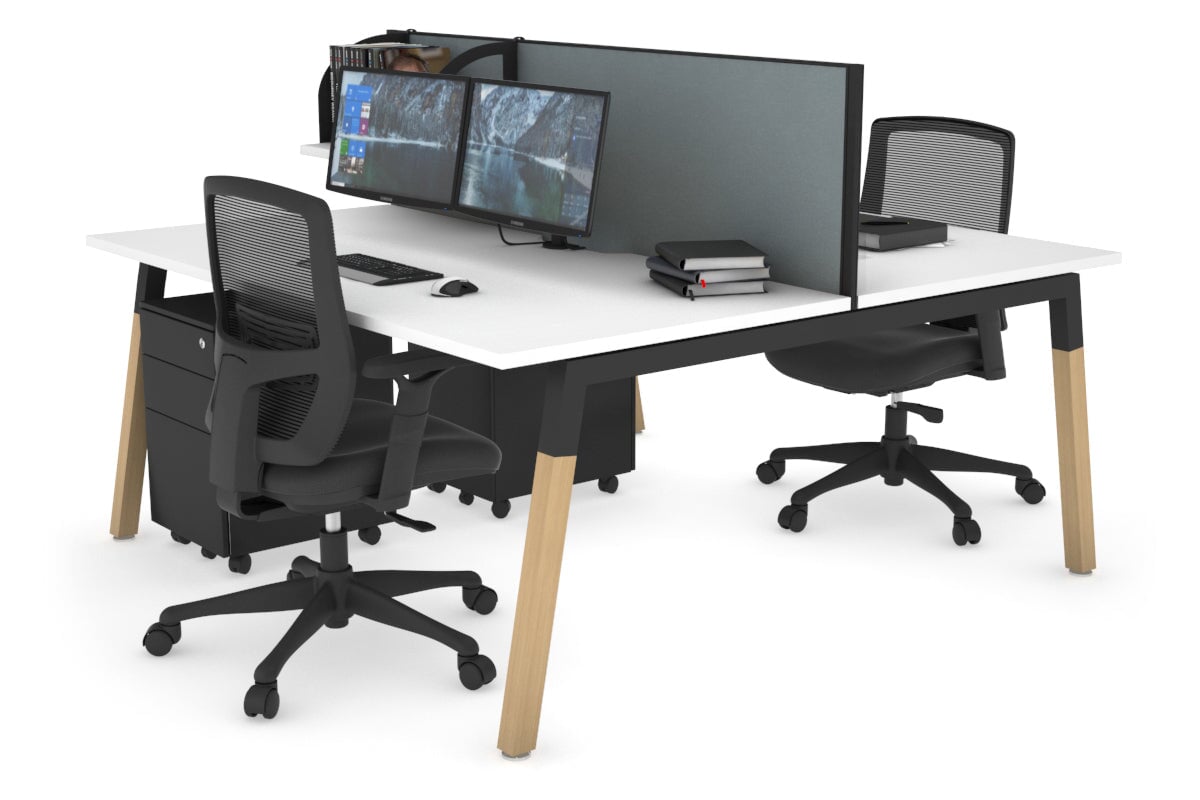 Quadro A Legs 2-Person Office Workstation with Wood Legs & Cross Beam - 1200L x 800W with Cable Management Scallop | Perfect for Shared Workspaces & Home Offices