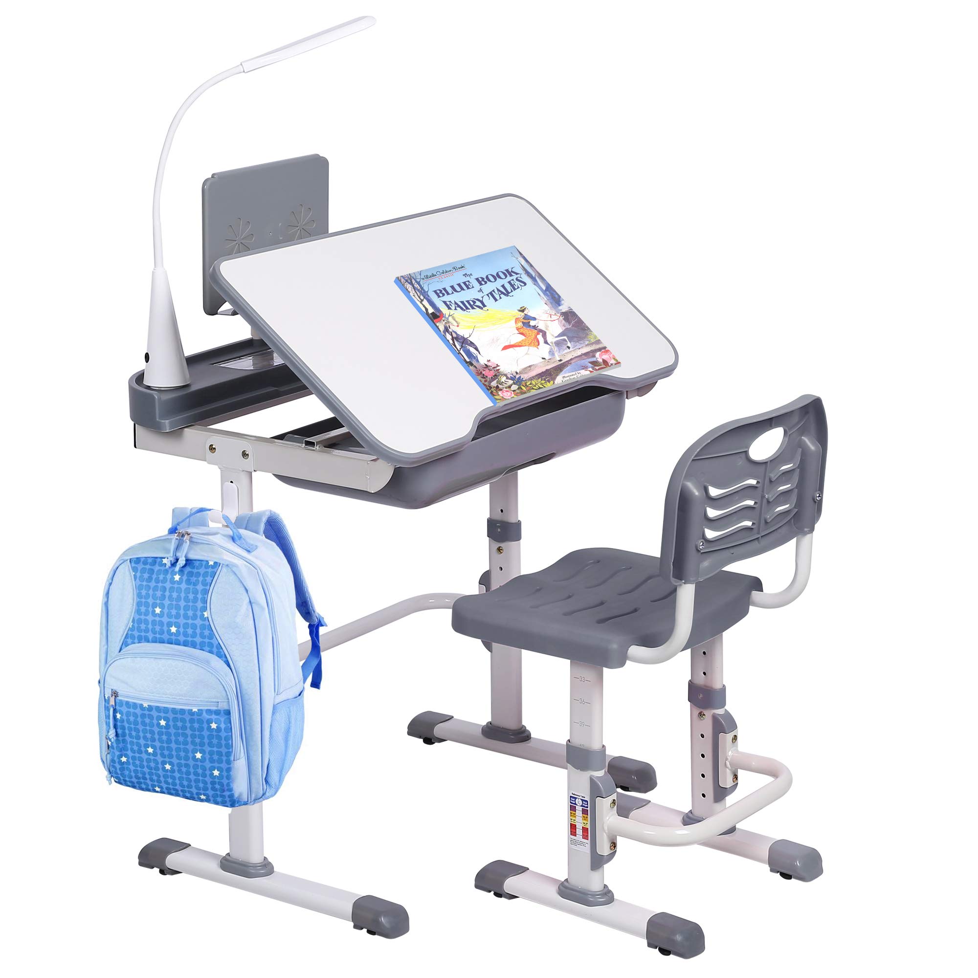 Adjustable Kids Desk and Chair Set with LED Light & Storage Drawer - Ergonomic Study Table for Children, Tilt Desktop & Book Stand - Perfect for Homework, Reading & Online Learning (Grey)