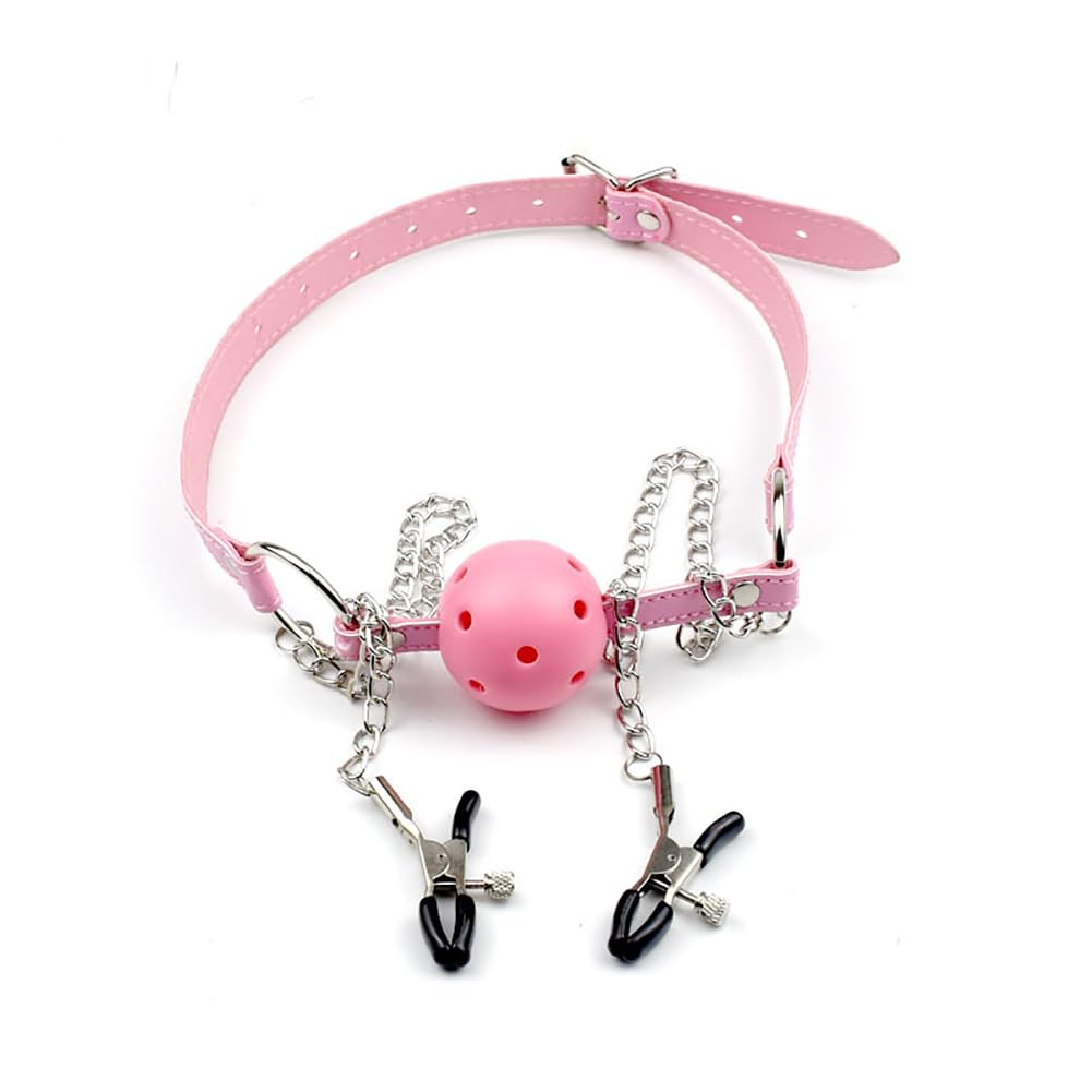 Pink BDSM Ball Gag & Nipple Clamps for Fetish Play