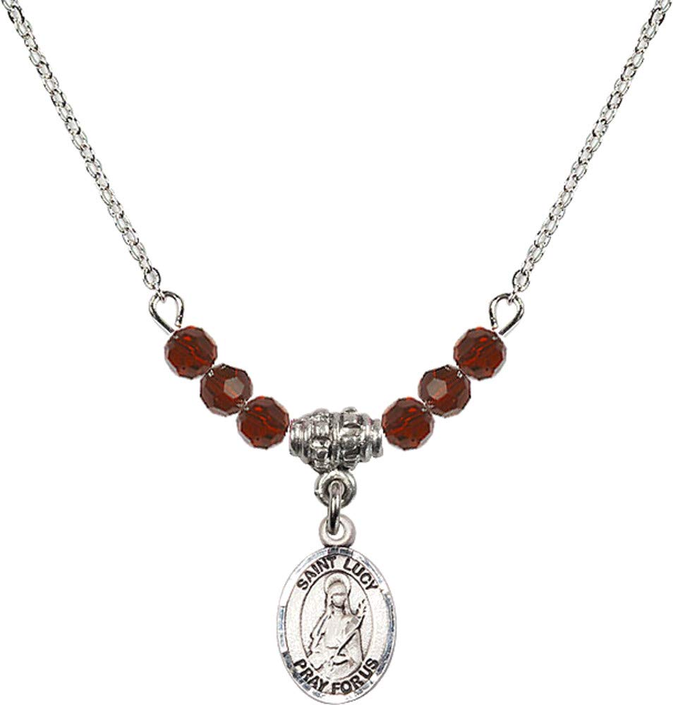 Bonyak 18 Inch Rhodium Plated Necklace with 4mm Red Garnet Birthstone Beads & Saint Lucy Pendant - Perfect for January Birthdays, Gifts & Spiritual Protection Jewelry