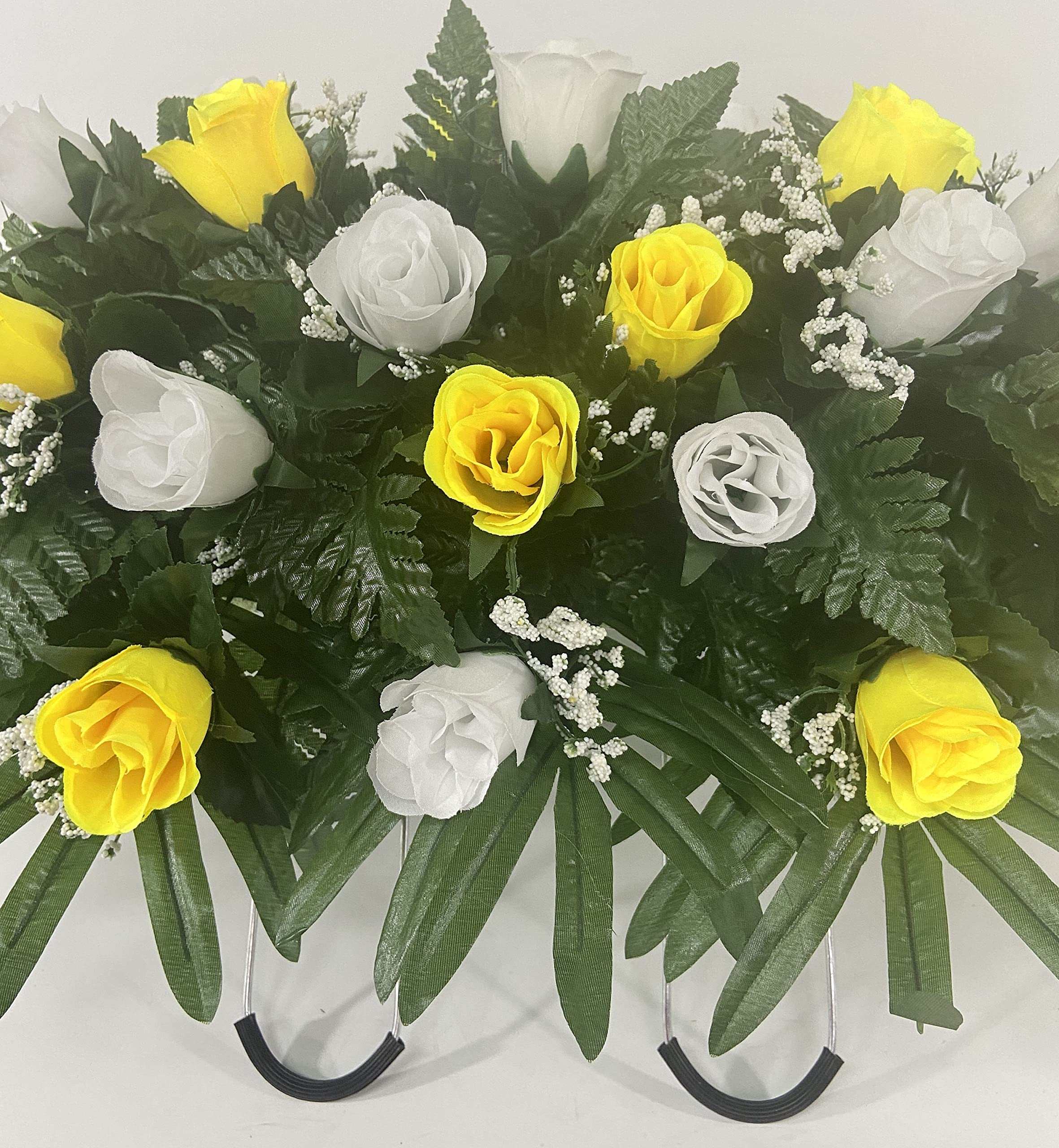 Yellow and White Rose Headstone Saddle - Cemetery Grave Decor with Summer Flowers for Gravesite - Sympathy Floral Arrangement for Memorials, Funerals & Grave Visits