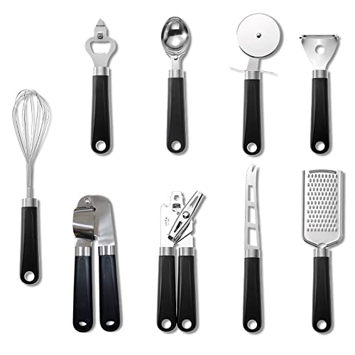 9-Piece Spatula Set with Plastic Handle - Includes Can Opener, Pizza Peeler, Cheese Knife, Garlic Press & Baking Tools - Essential Kitchen Utensils for Cooking, Baking & Food Prep (Black) - Perfect for Home Chefs, Restaurants & Meal Prep Enthusiasts