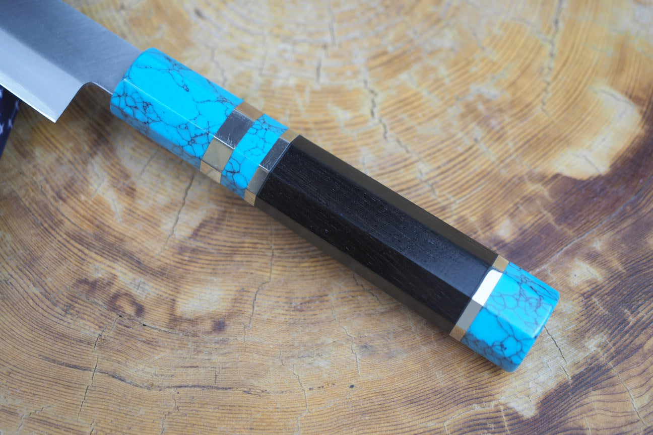 Premium Zan Shin REN Blue Super Steel Petty Knife 14.5cm - Ebony Wood Handle with Blue Turquoise Inlay - Perfect for Slicing, Dicing & Precision Kitchen Tasks