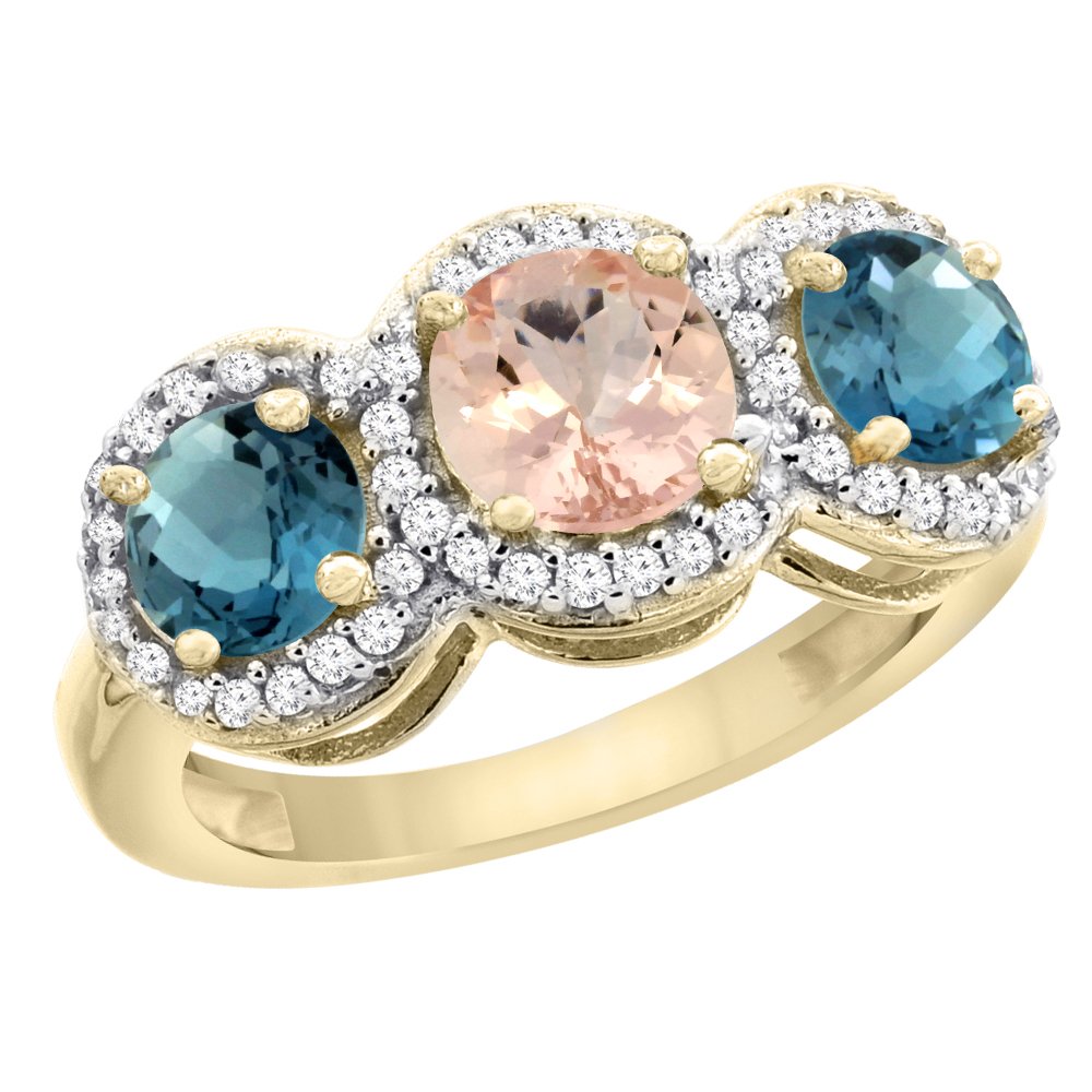 10K Yellow Gold Morganite & London Blue Topaz 3-Stone Ring with Diamond Accents - Size 5-10 | Elegant Engagement, Anniversary & Wedding Jewelry Gift for Her