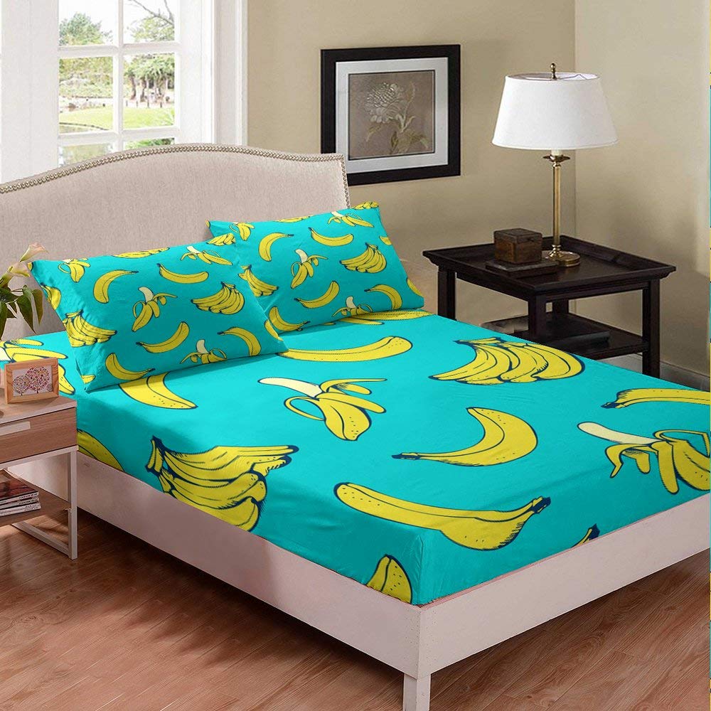 Stylish Mint Blue Banana Print Queen Bed Sheet Set - 3 Piece Deep Pocket Bedding with Chic Fruit Design for Girls & Teens - Perfect for Kids' Rooms, Dorm Decor, and Unique Gift Ideas