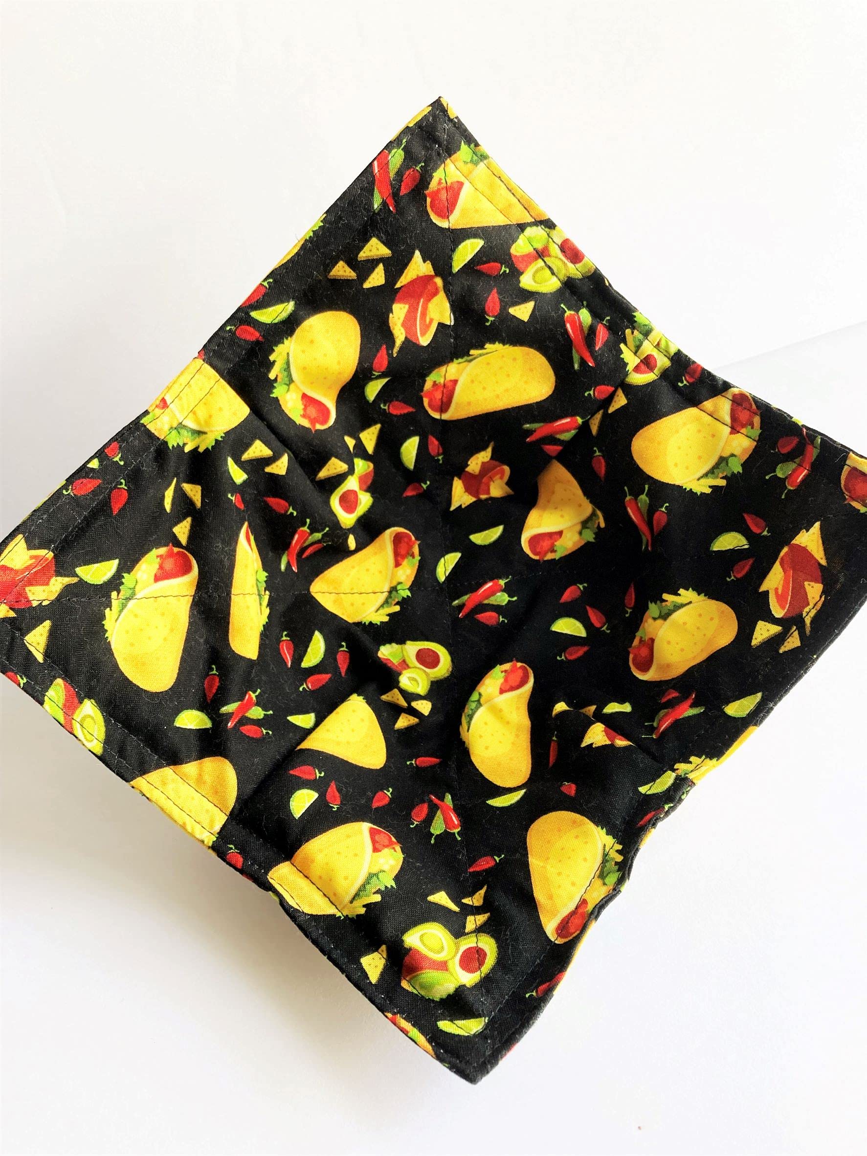 Set of 2 Cotton Bowl Cozies - Microwave & Oven Safe Hot Pads for 8 Inch Bowls - Black with Yellow & Red Taco Print - Perfect for Serving Hot Soups, Stews & Mexican Dishes