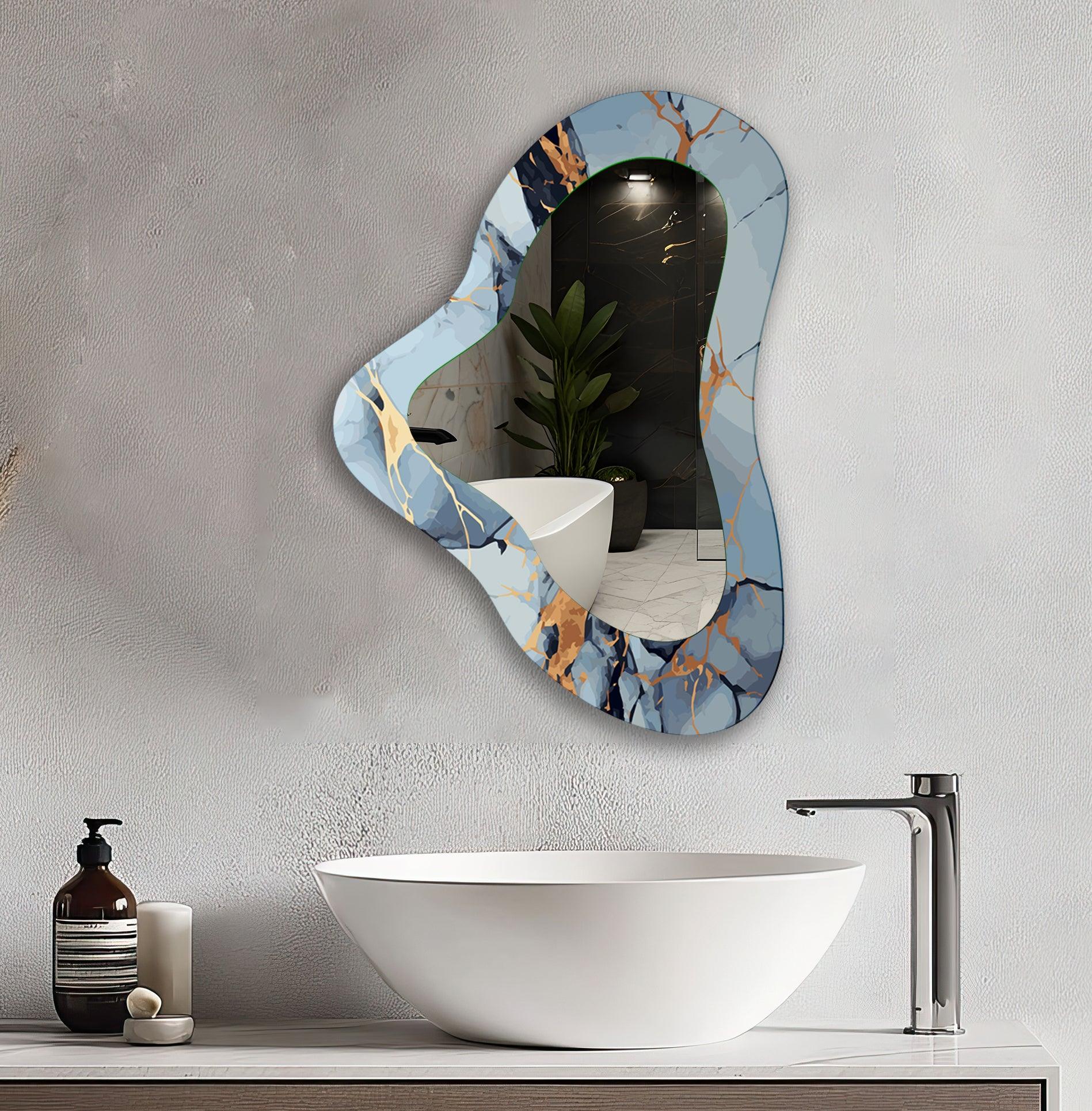 Blue Marble Asymmetrical Glass Wall Mirror - Modern Decorative Mirror for Living Room, Bedroom & Entryway - Unique Handcrafted Home Decor Accent Piece