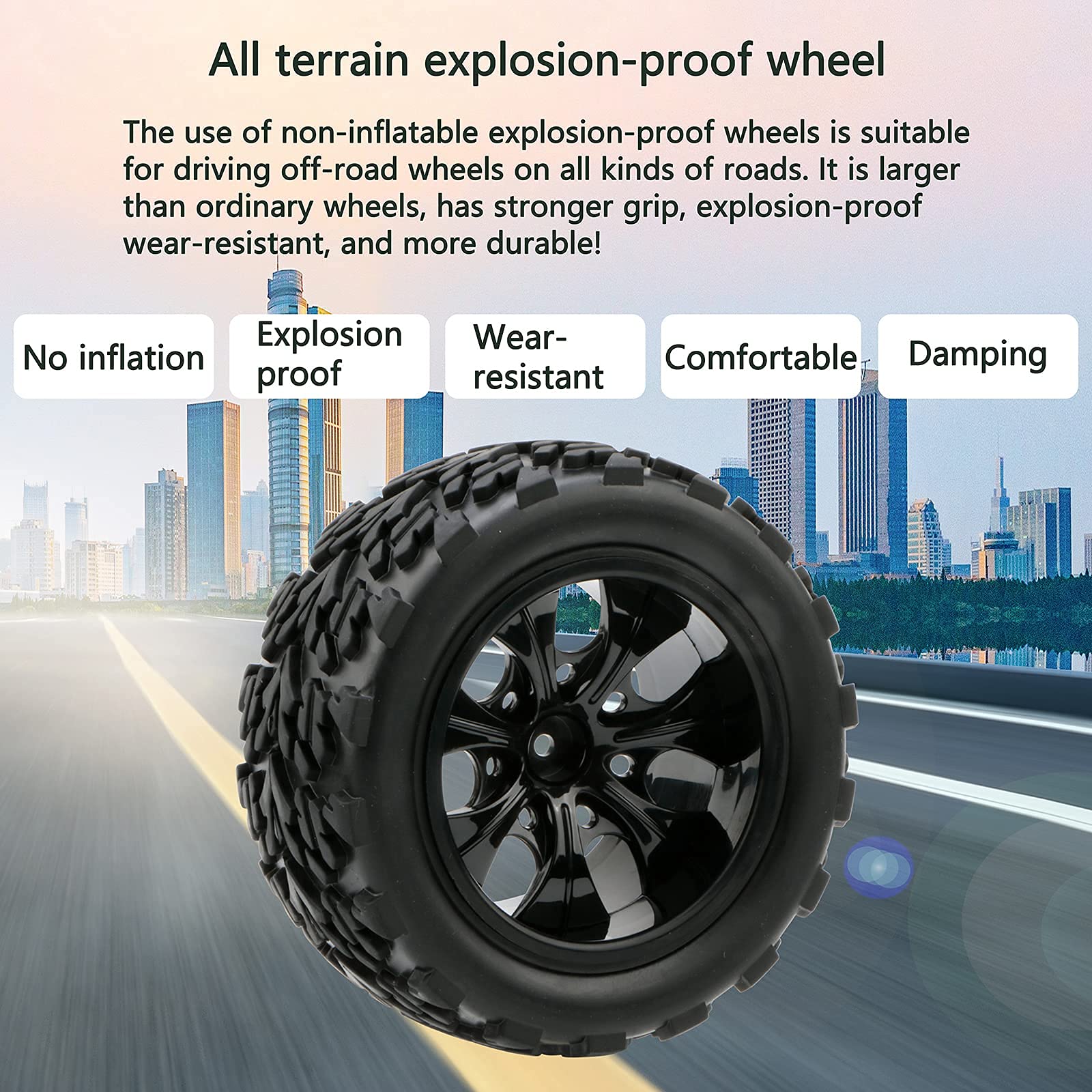 4X 1:10 Scale RC Monster Truck Wheels - Heavy Duty Rubber Tires with 7 Spoke Alloy Rims (Black) - Replacement Parts for Off-Road RC Cars - Perfect for Racing, Crawling & Bashing on Rough Terrain